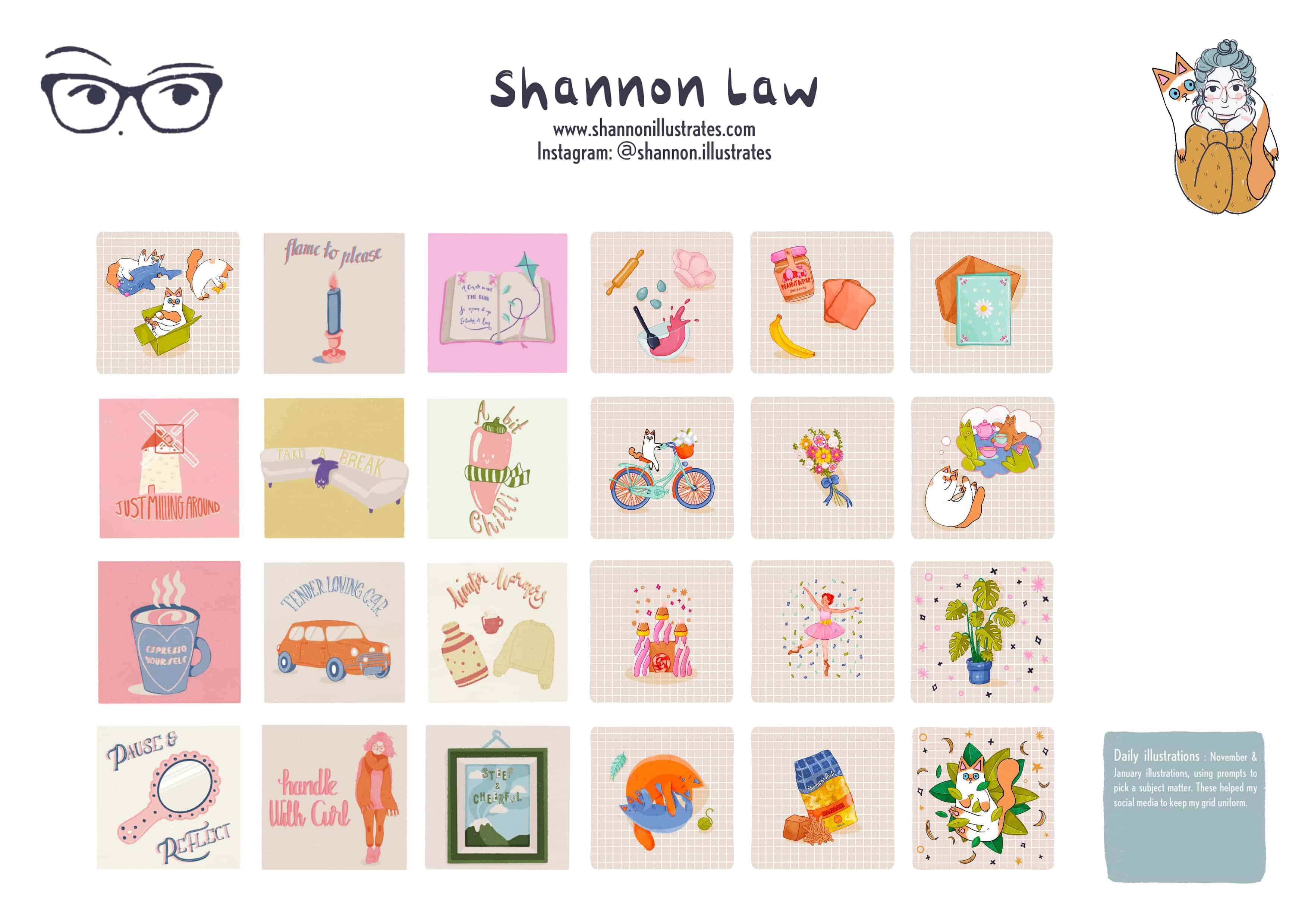 Selection of illustration showing hand lettering and puns