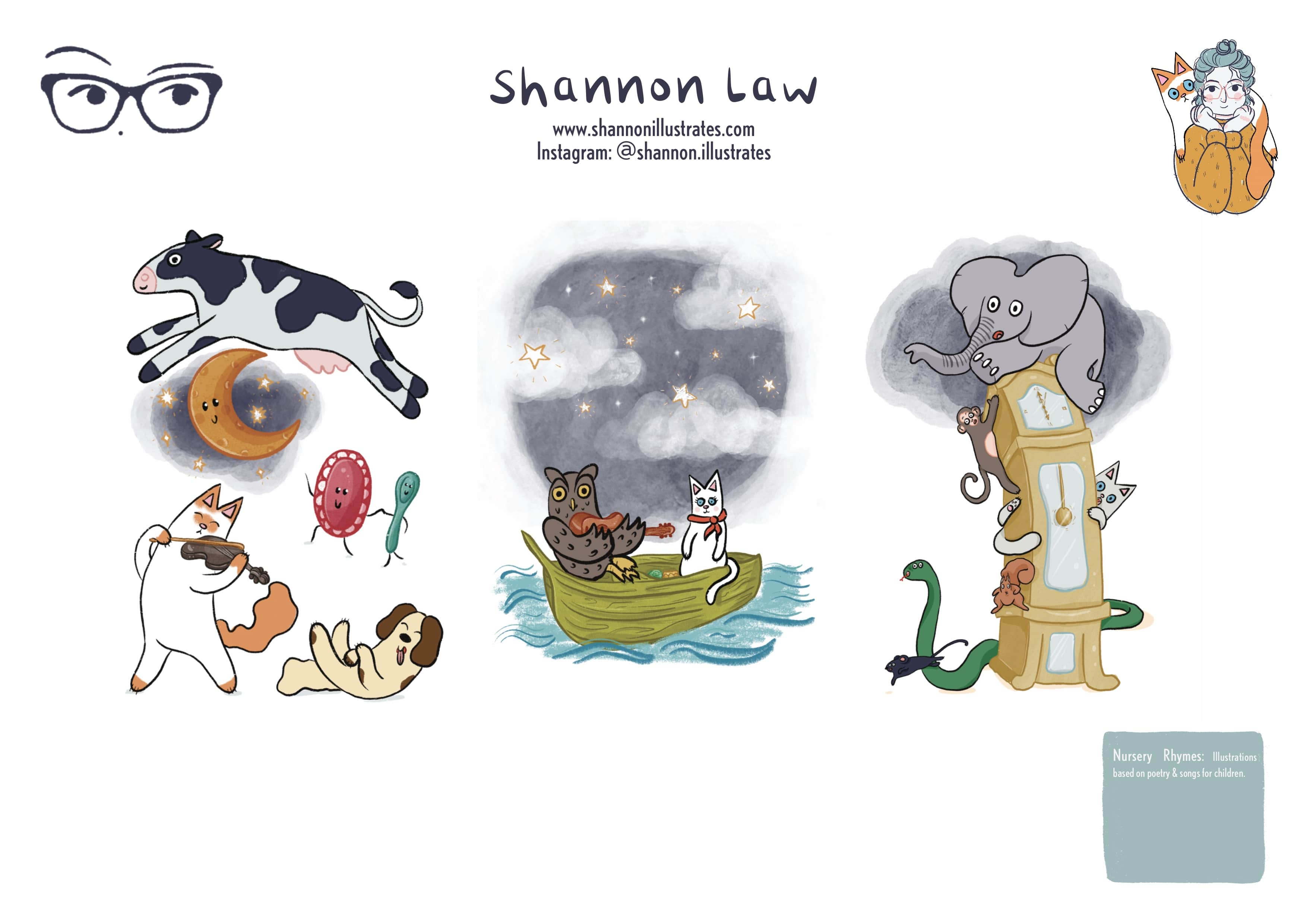 Nursery Rhyme illustrations for Hey Diddle Diddle, The Owl & the Pussycat, and Hickory Dickory Doc