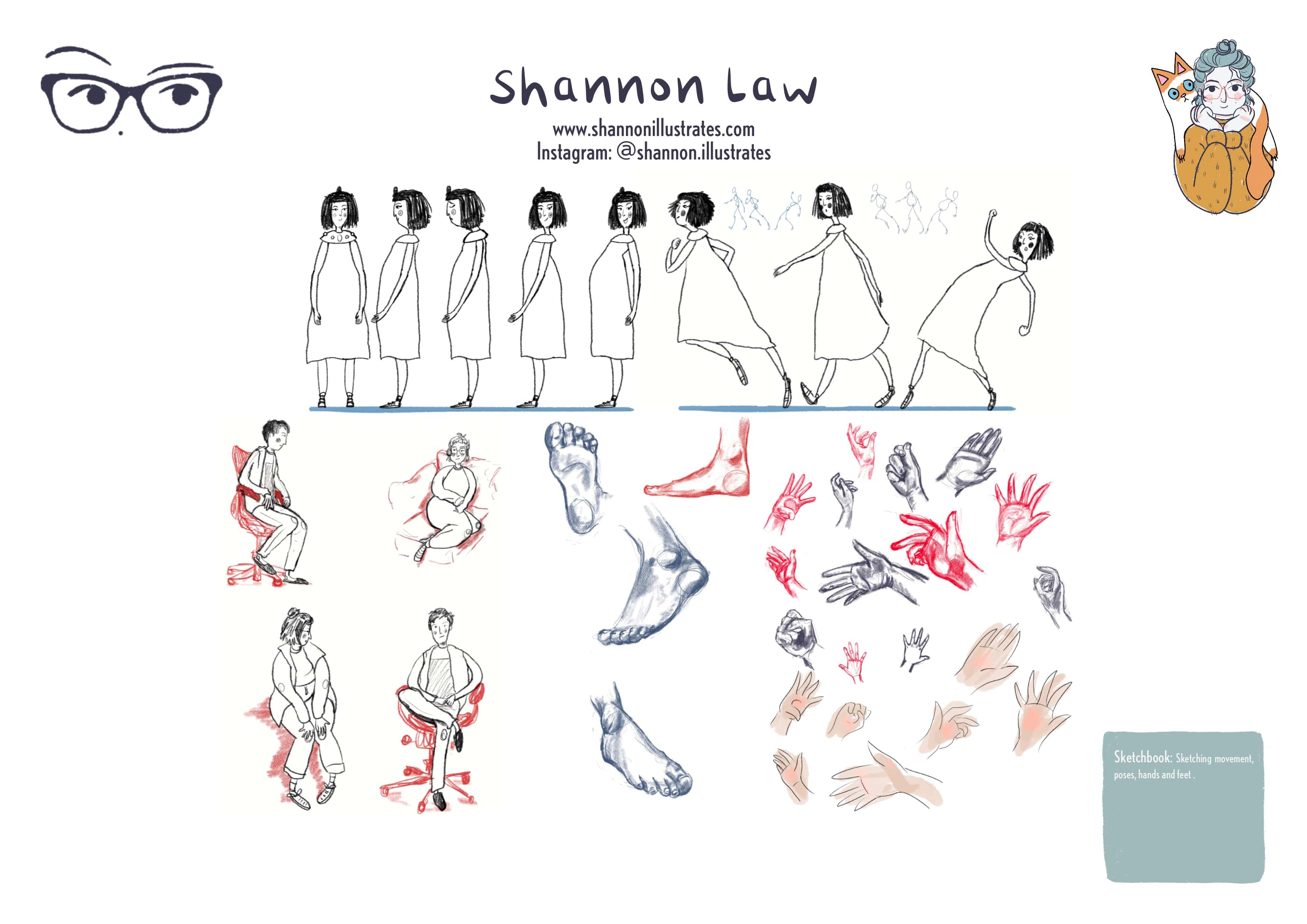 Sketchbook pages with poses, hands, feet & movement