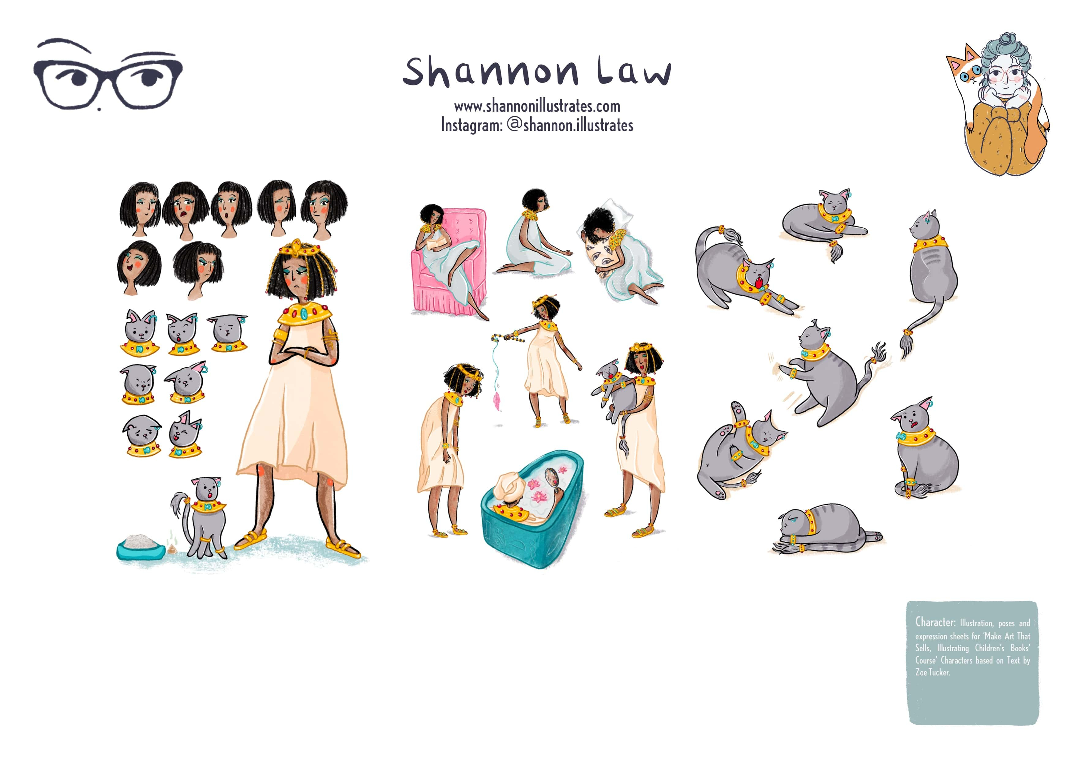 Character & Expression sheets for Zoe Tucker's Cleopatra & Mr Tibbles