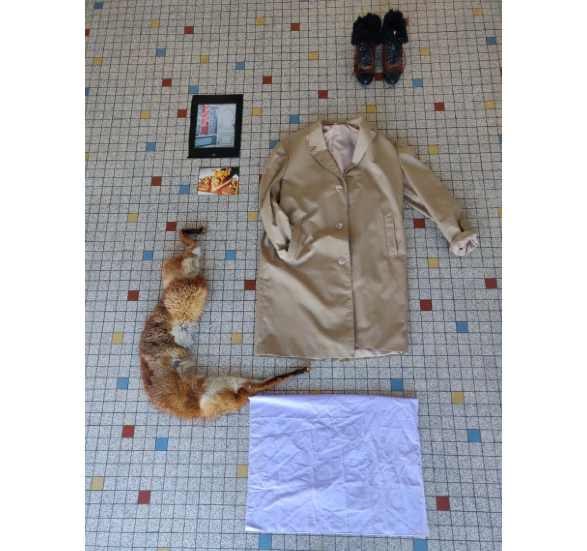 47 Route de Colmar, Ingersheim. Performance stills - Alsace, February 2021.  Snake shoes, waiting room chairs, statues, trench coat, fabric, fox fur, collages.