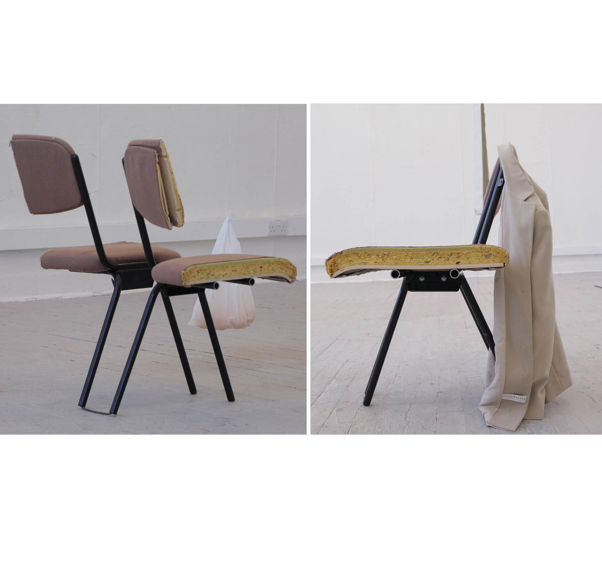 Leash, Control, Mouvement. Details of the Installation - Edinburgh College of Art. November 2020.  Photography: Kathrine Cutler-McKenzie and Benjamin Caro. Waiting room chairs, orange bag, metal bars.
