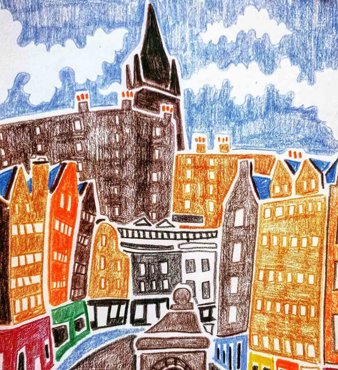 Coloured pencil illustration of Victoria Street, Edinburgh.