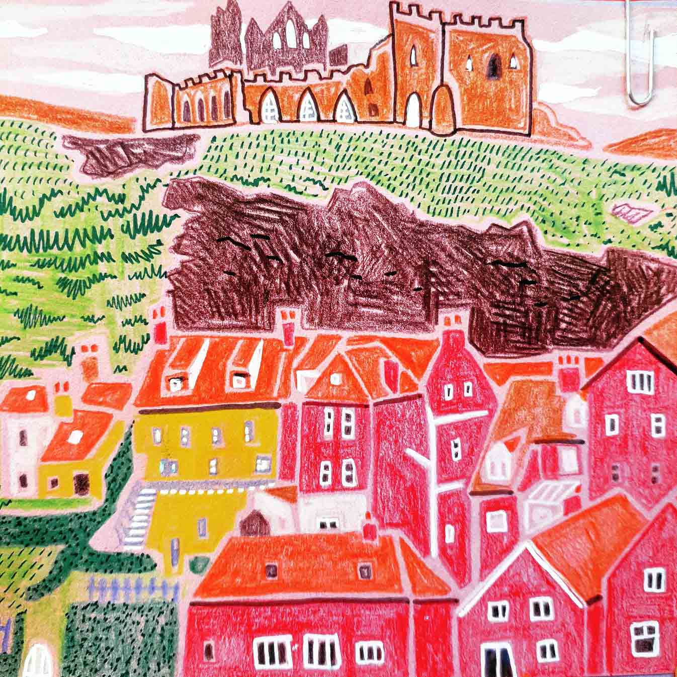 Coloured pencil illustration of St. Mary's church, Whitby.