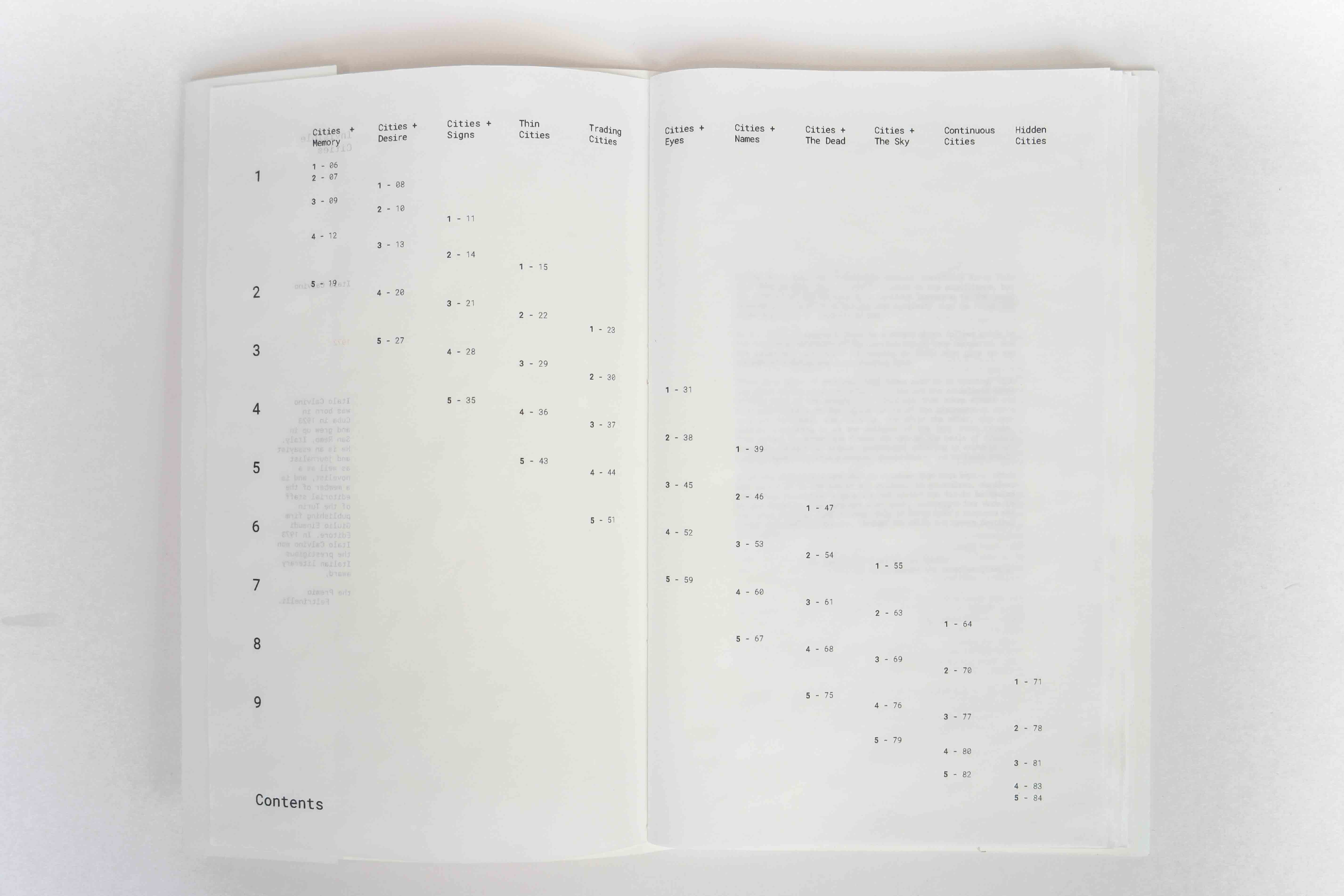 The contents page design for Invisible Cities by Italo Calvino