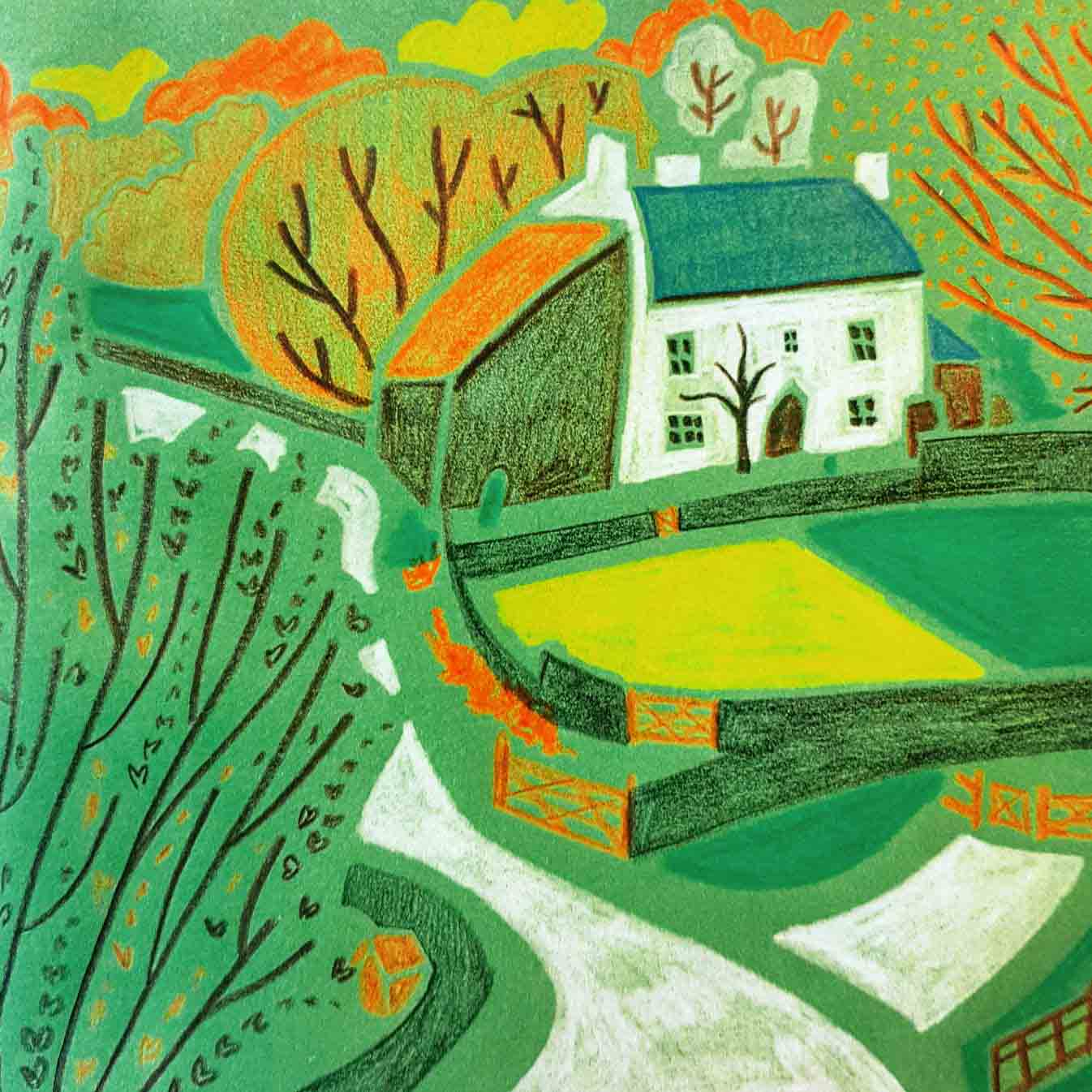 Coloured pencil illustration of a country house amongst tree's and fields.