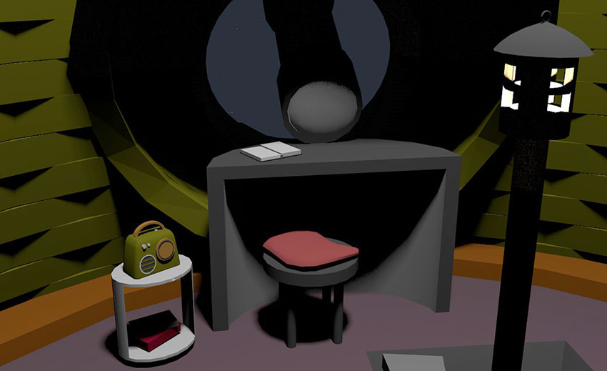 a 3d model of an attic, with a radio on a table