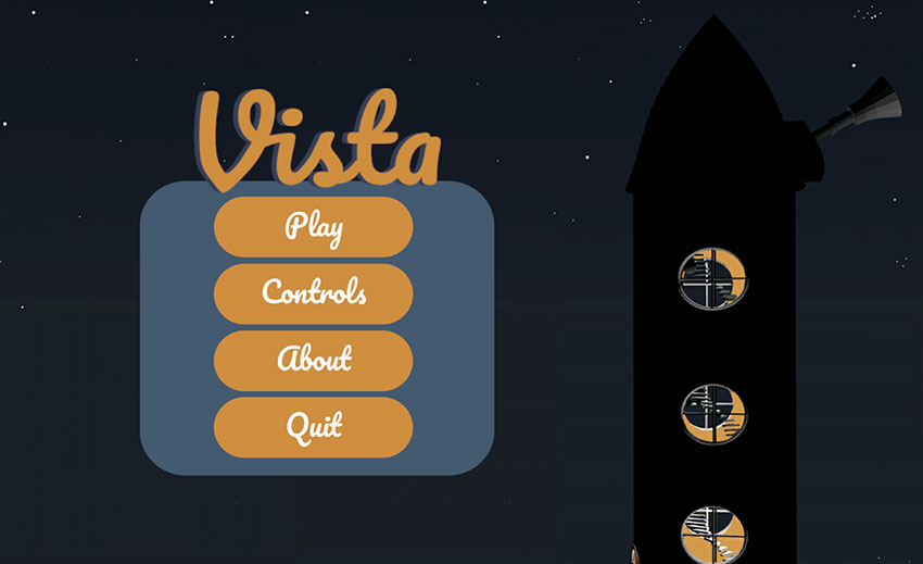 a game menu, with orange ui and a silhouette of a building to the right