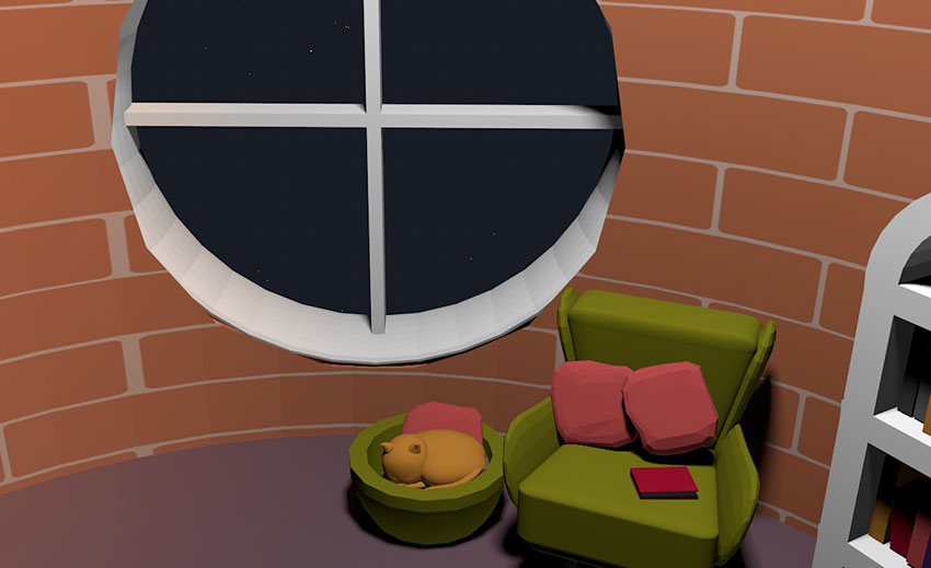 a 3d model of a cat sleeping next to a circular window