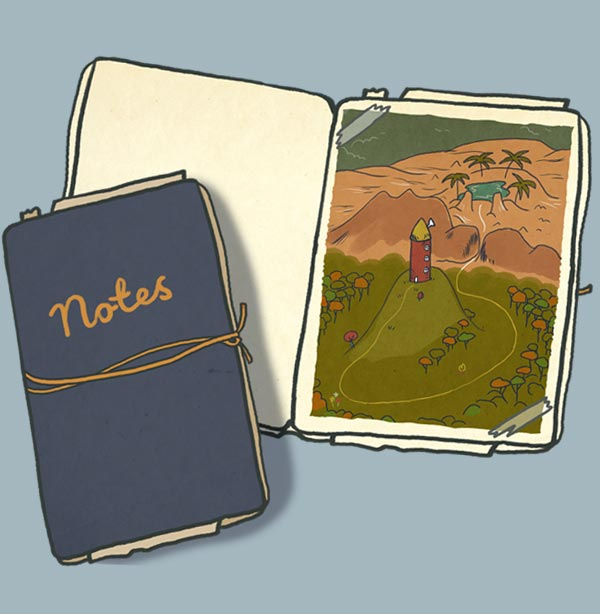 Illustration of notebook and map