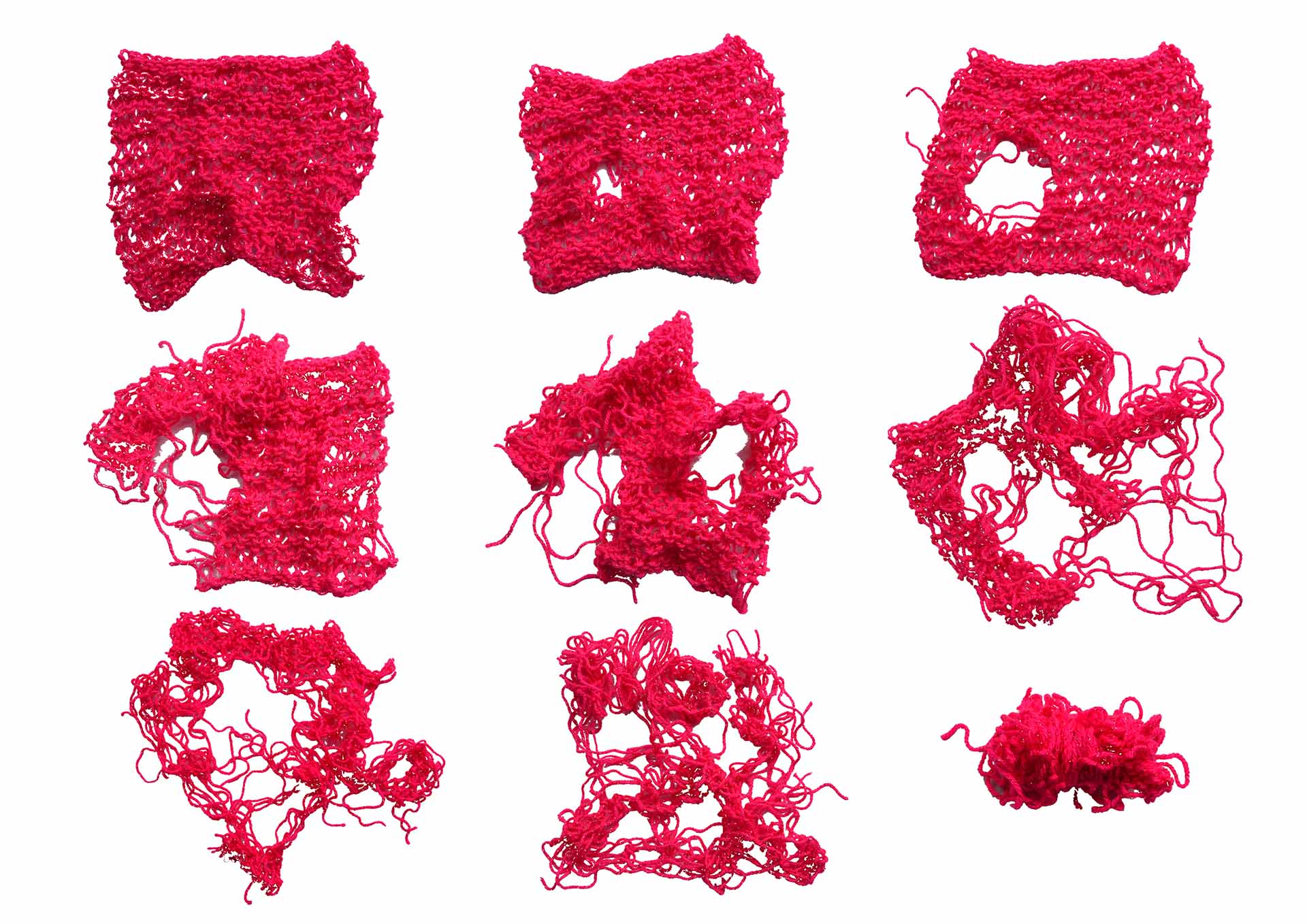 Grid of images showing a square of knitting unravelling