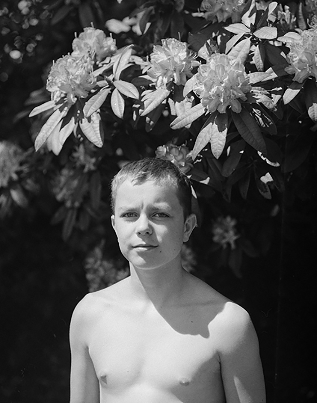 Portrait of a young boy set against a flowered bush in black and white