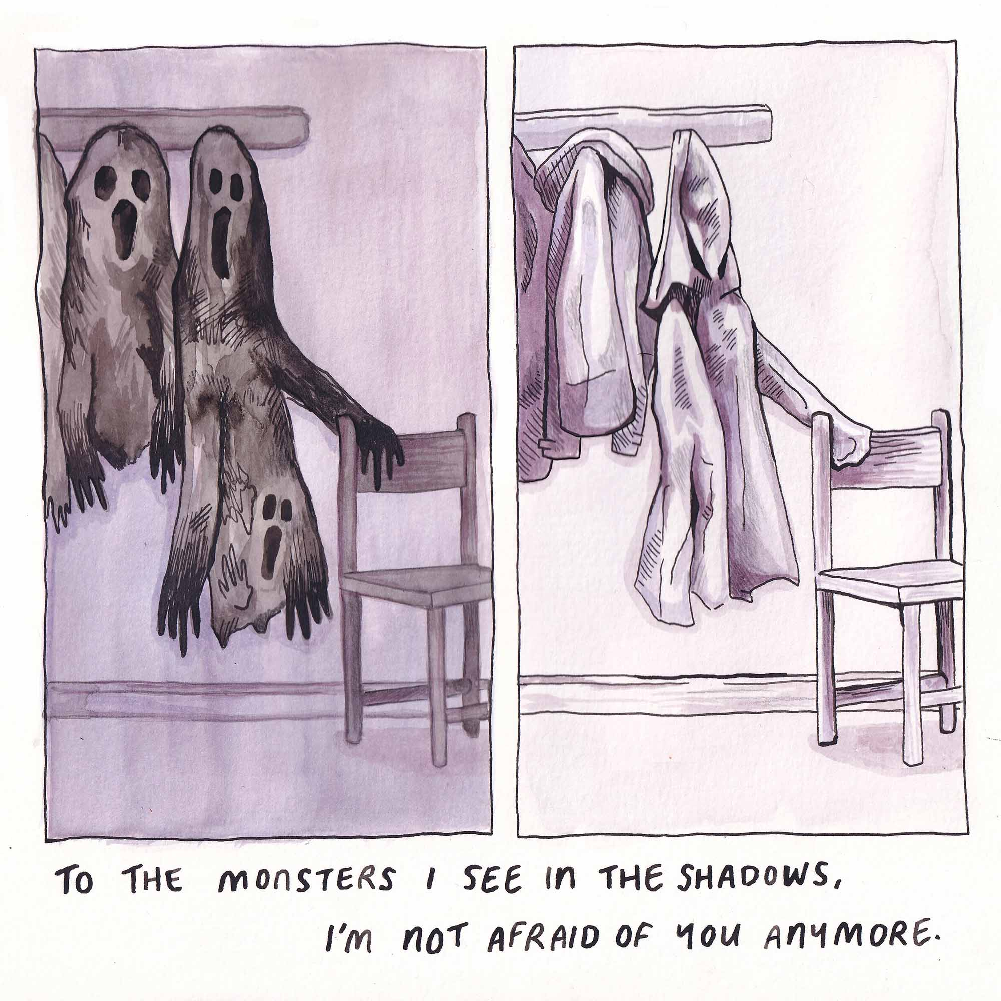 Short format comic about overcoming fears (in this case, fears of monsters in the shadows)