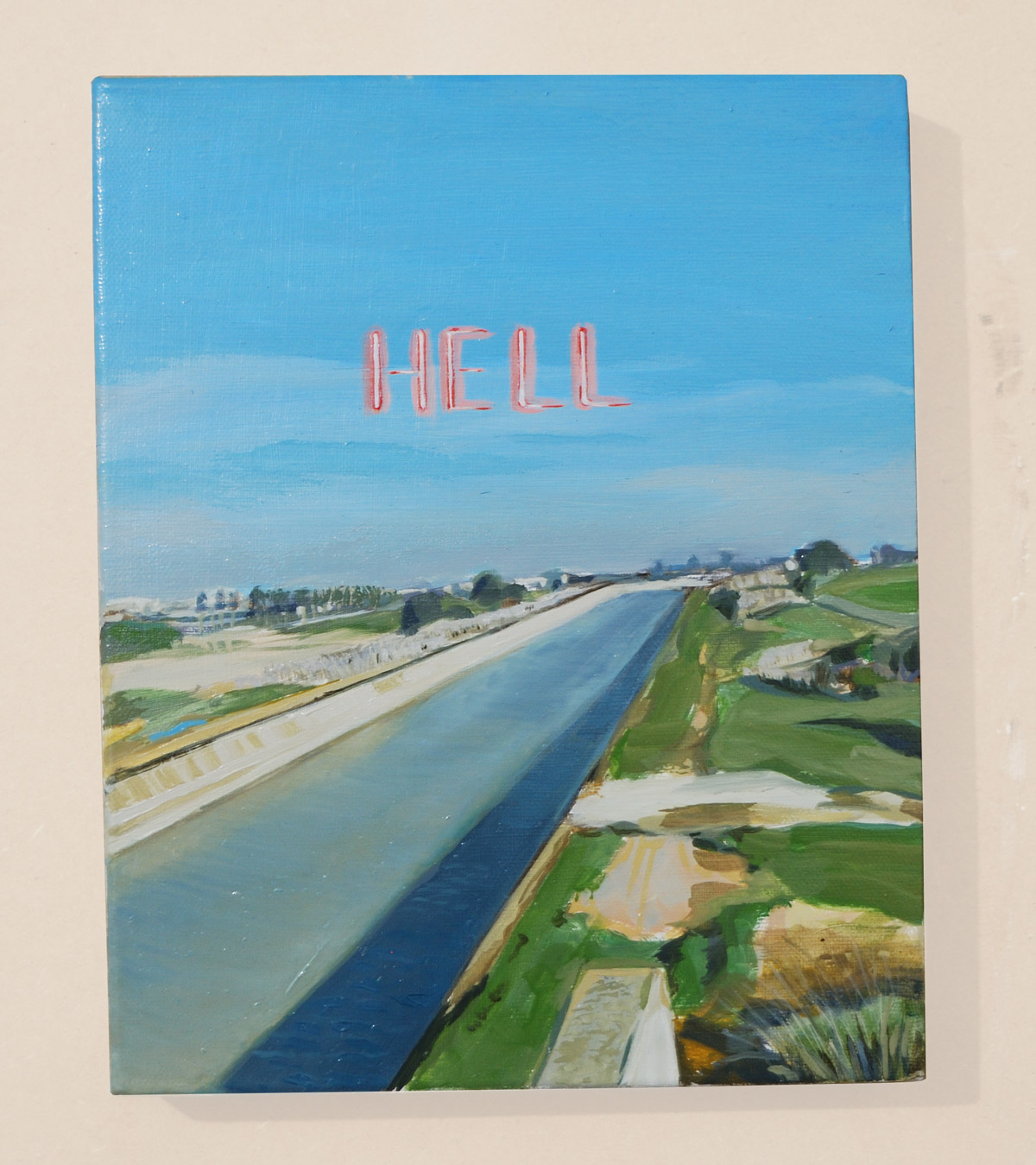 Painting of a landscape showing a water canal, the word Hell is floating above the canal.