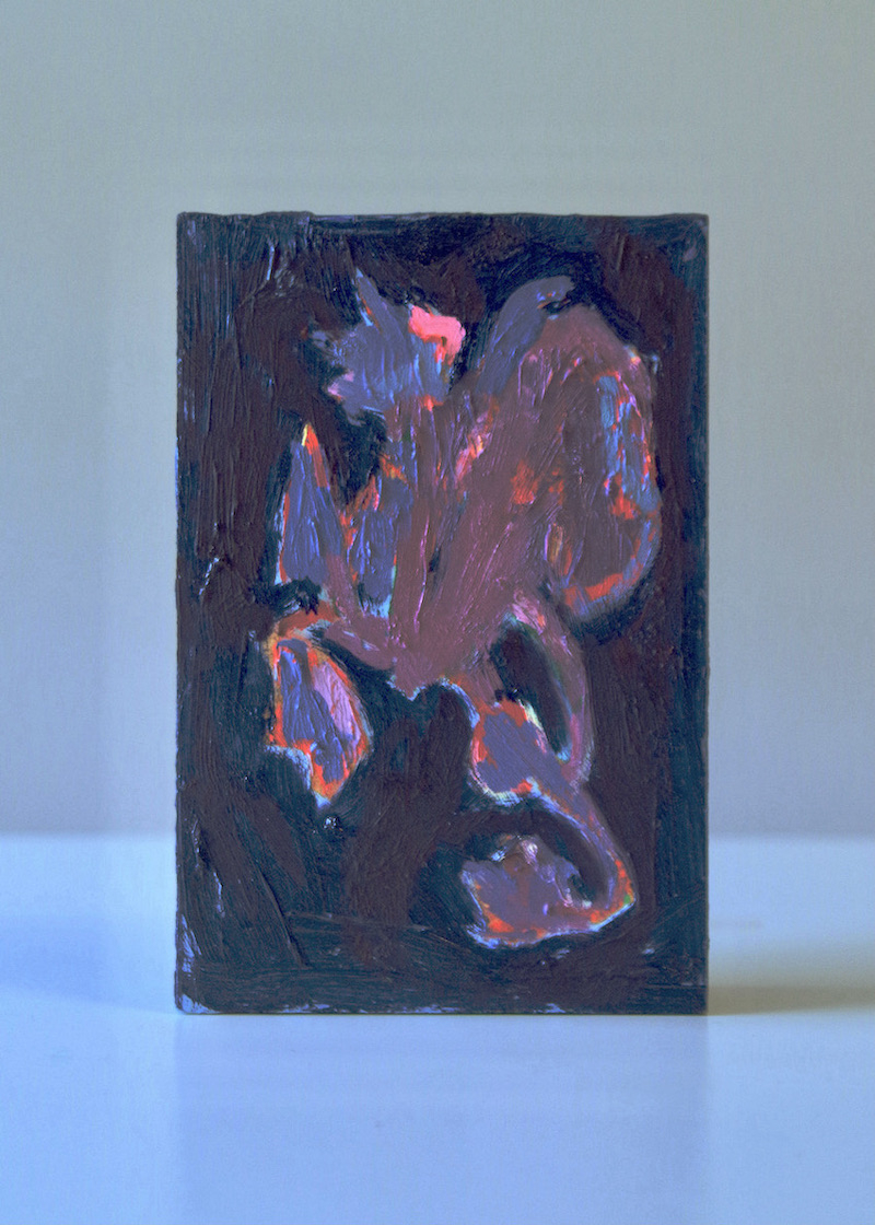 purple oil painted MDF block with image of daffodils with the vessel removed so that they are floating in mid-air.