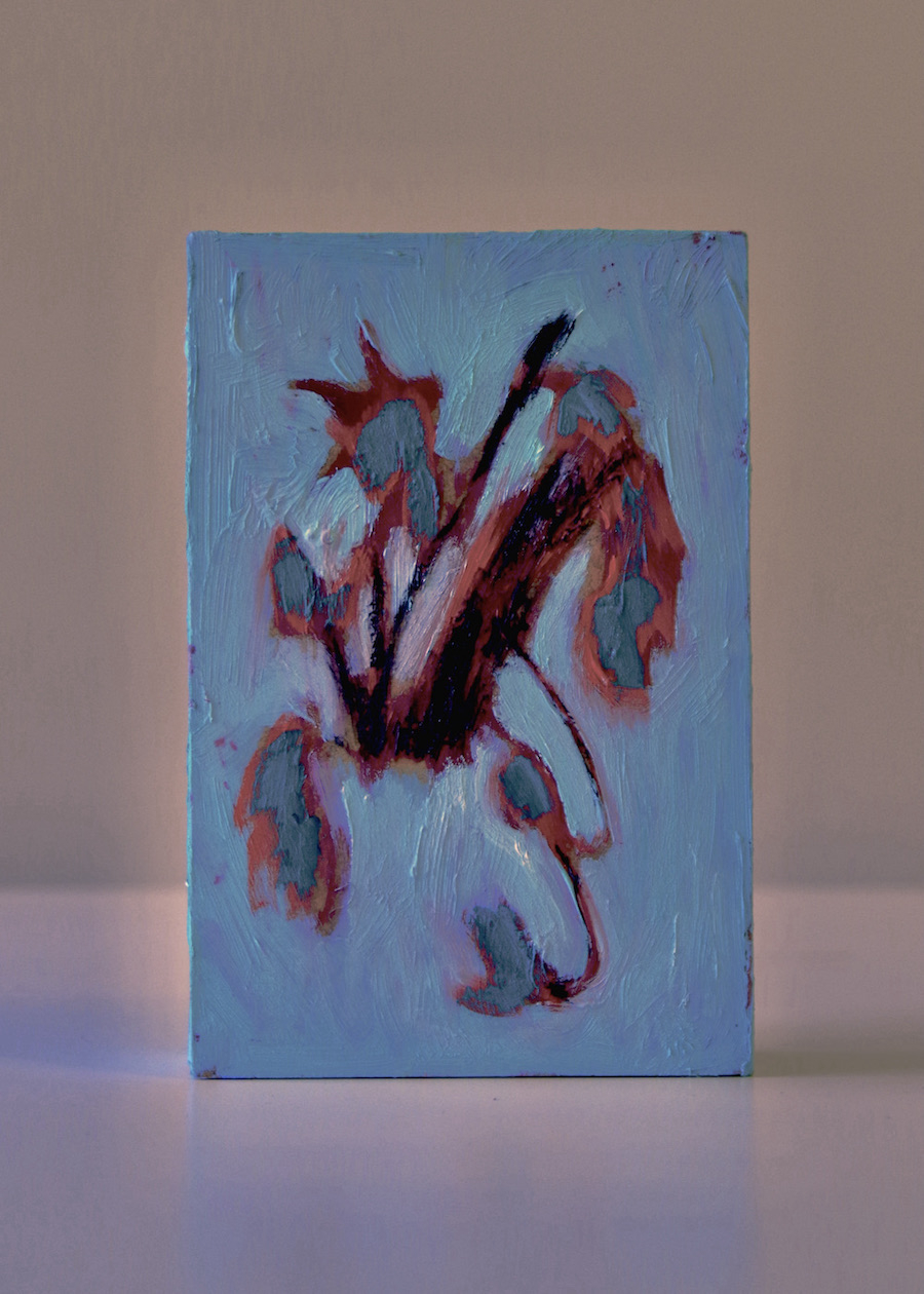 blue and red oil painted MDF block with image of daffodil buds with the vessel removed so that they are floating in mid-air.