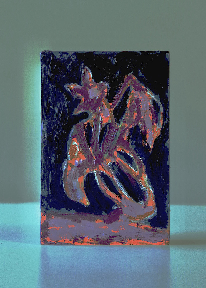 pink, purple and orange oil painted MDF block with image of daffodil buds with the vessel removed so that they are floating in mid-air.