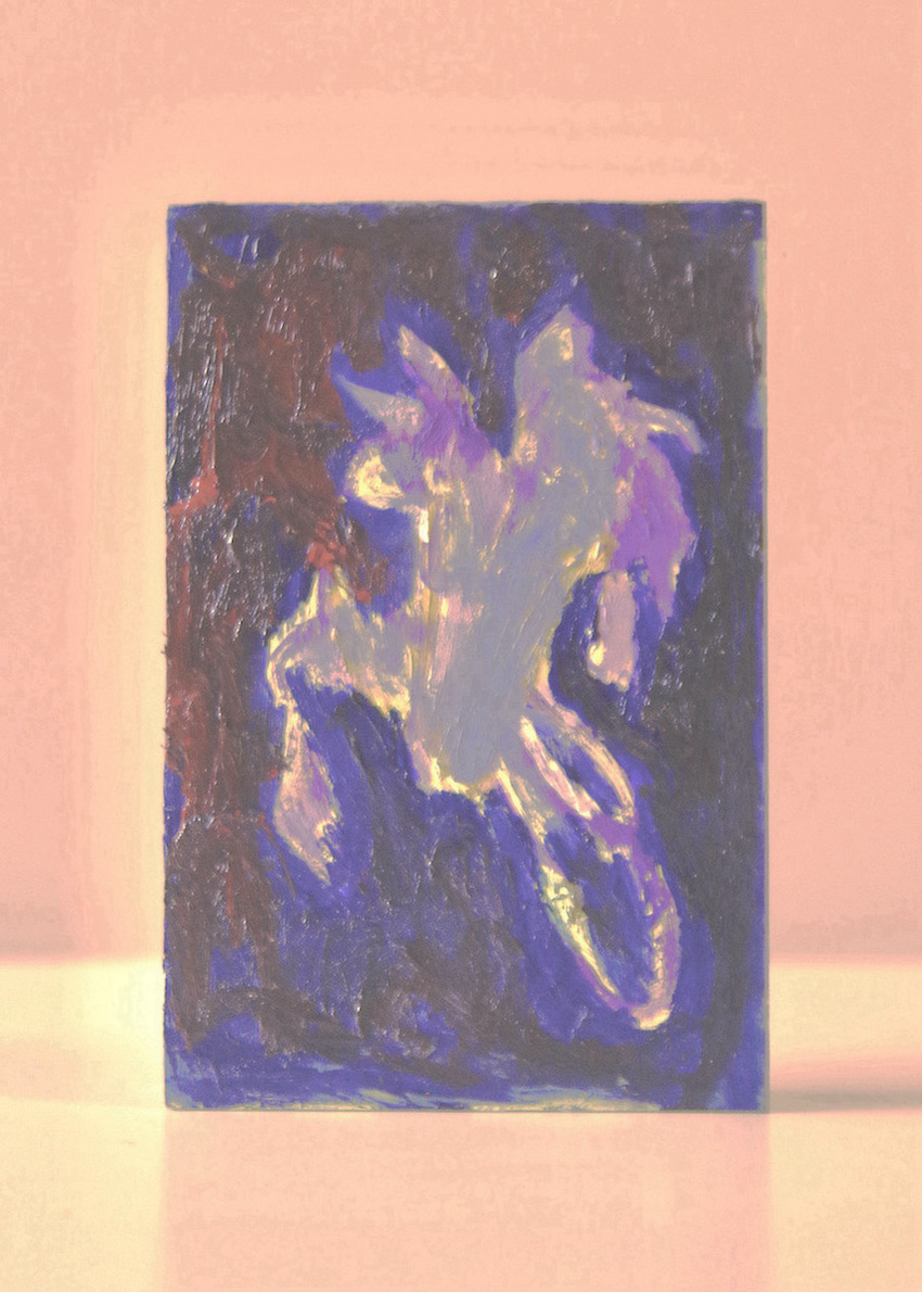purple oil painted MDF block with image of daffodils with the vessel removed so that they are floating in mid-air.