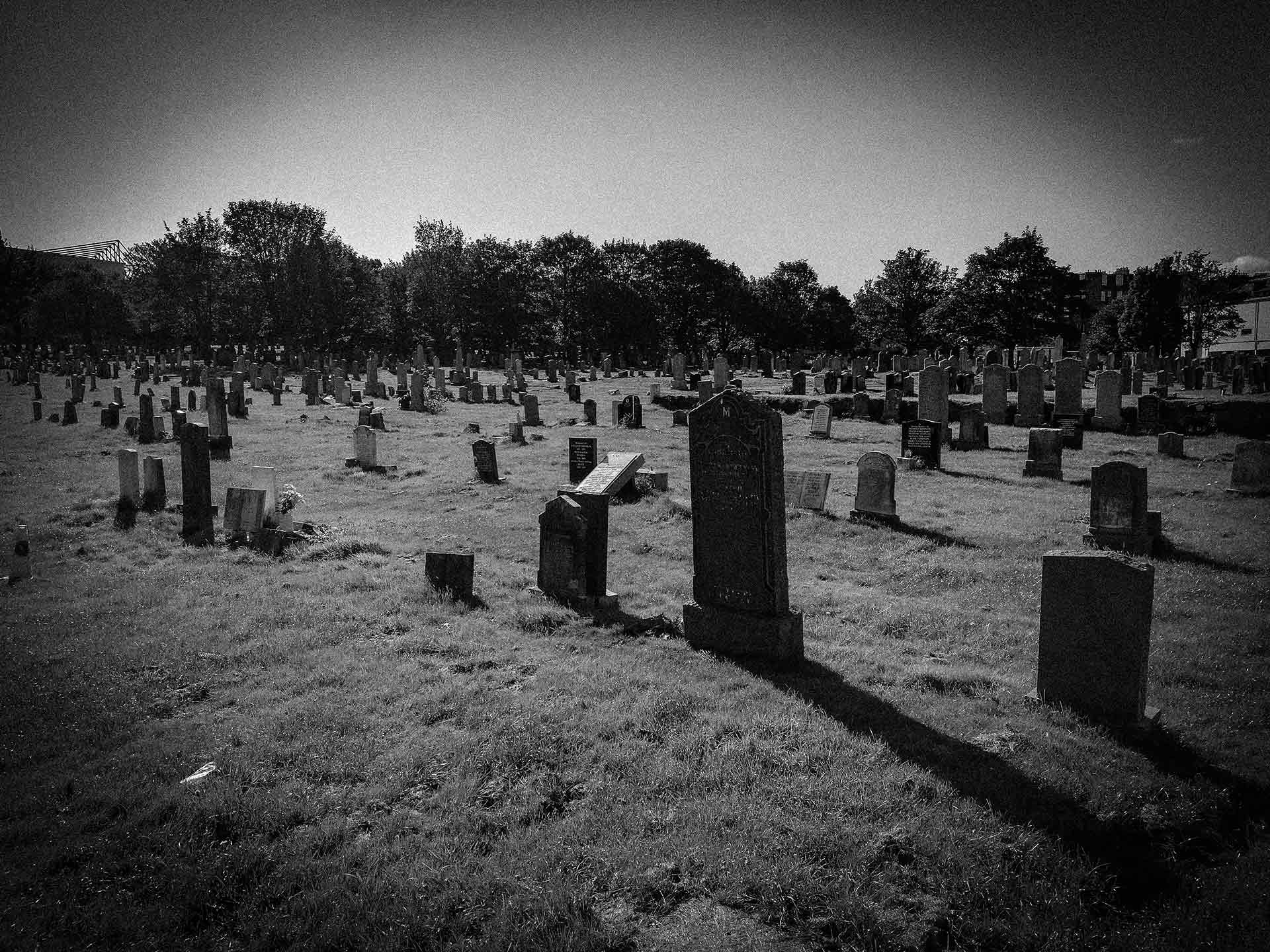 Landscape greyscale photograph of Edinburgh Eastern Cemetery.
