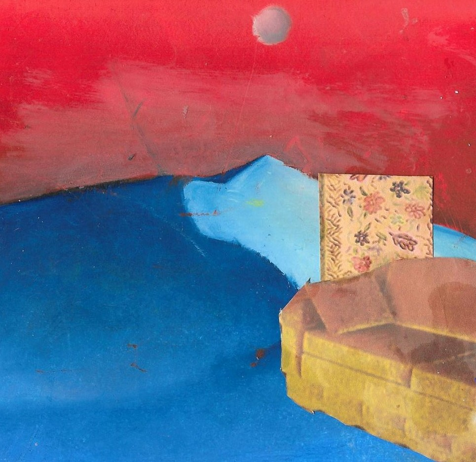 A painting of a red desert under a blue sky. A tiny purple moon floats over a brown velvet sofa, in front of a rectangular embroidered strip of pattern.