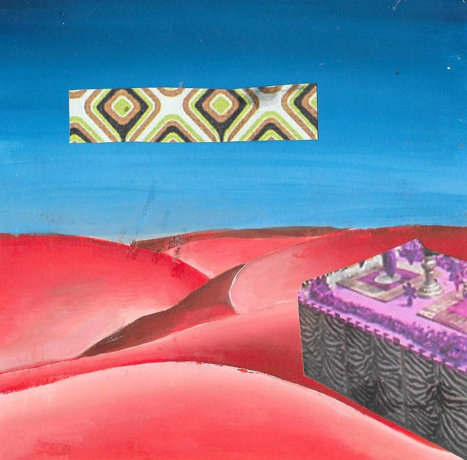 A painting of a red desert under a blue sky. A strip of green diamond pattern floats above a purple/leopard print kitchen counter.