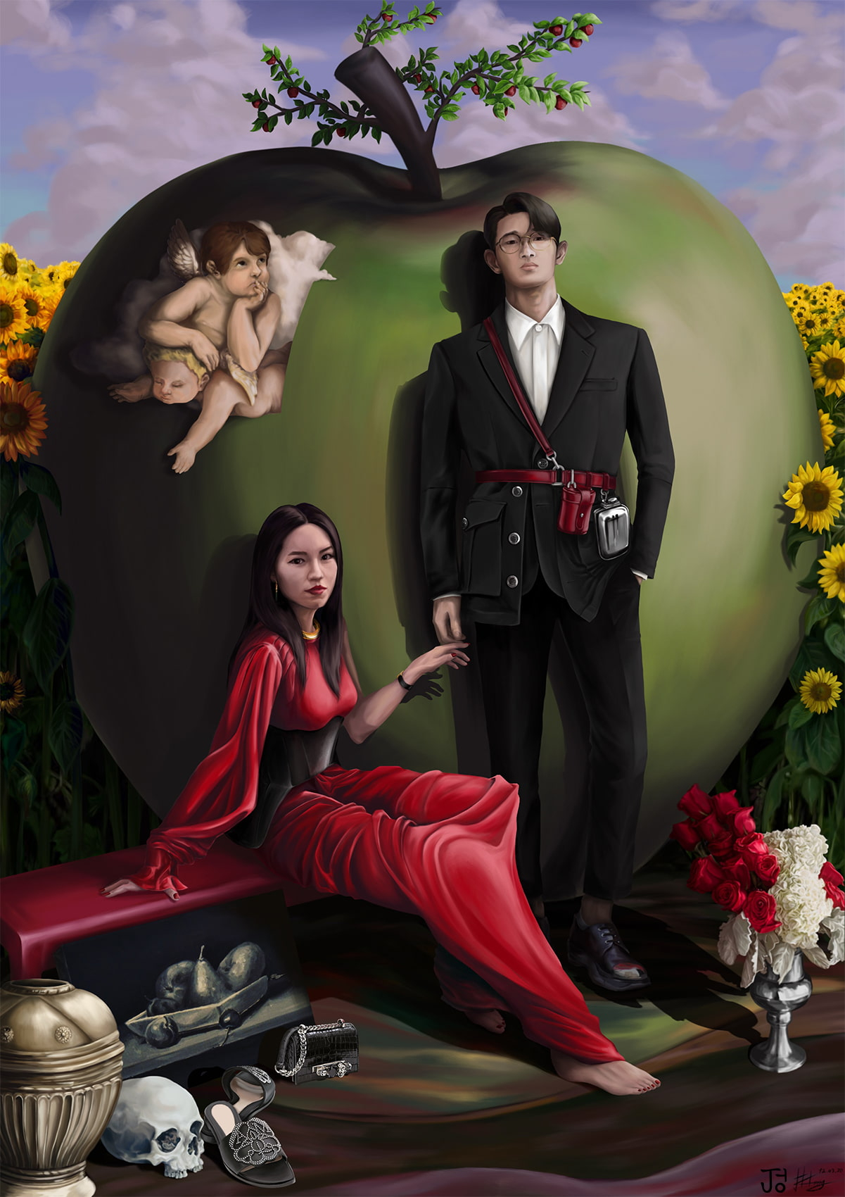 A young couple in Alexander McQeen dress and suit-piece are posing in front of a giant green apple with a whole apple tree growing from its tail, and baby angels coming out from the inside of an apple. They are all surrounded by a vast sunflower field and some items on the ground that are often painted for 'Vanitas' paintings.  