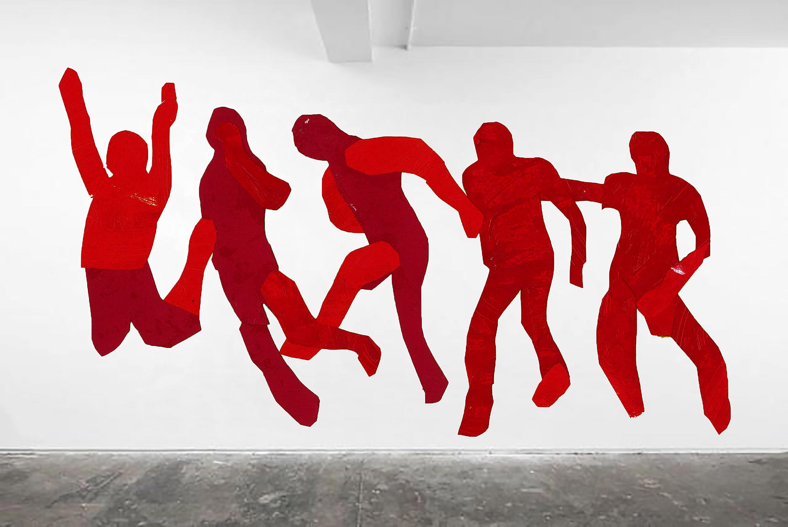 Five red figures in continuous motion, diving. 