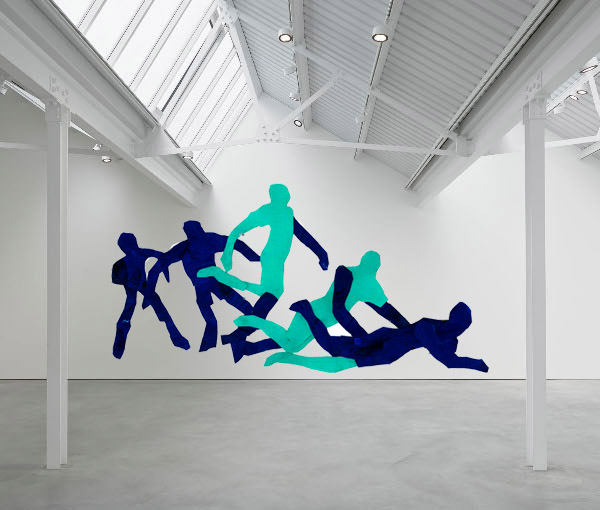 Five blue figures in continuous motion, diving. 
