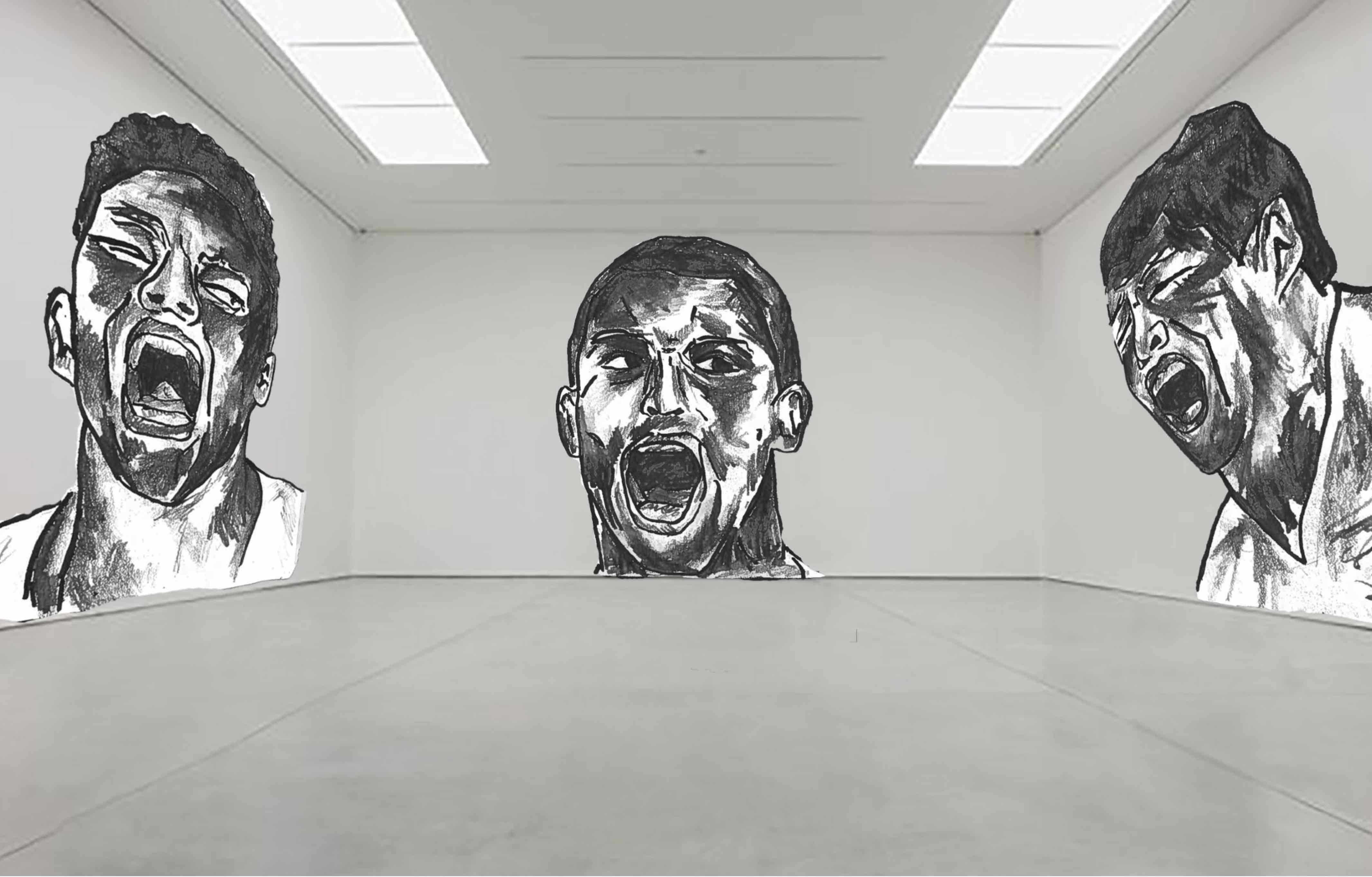Drawings of Neymar, Ronaldo and Suarez (footballers) proposed in white space gallery. 