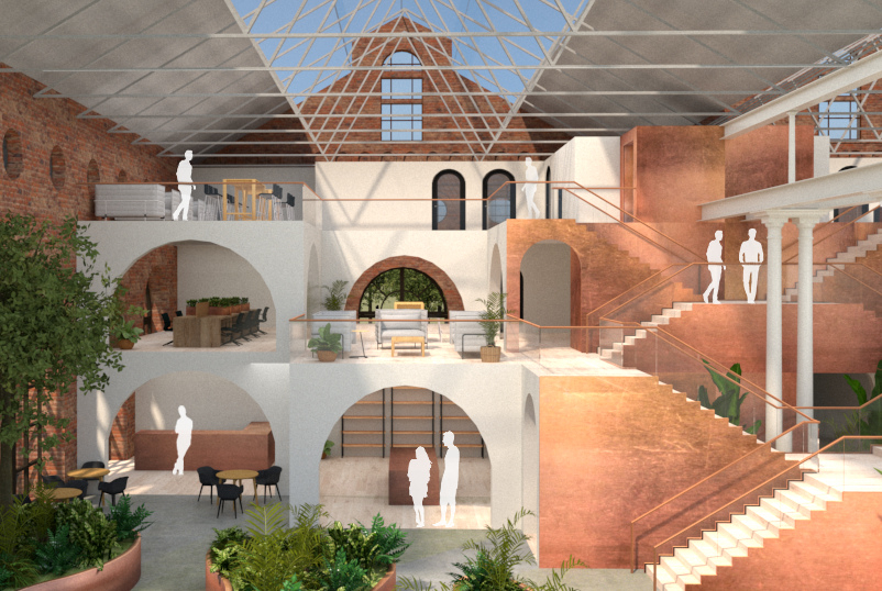 View of left side of facade, arches and stairs