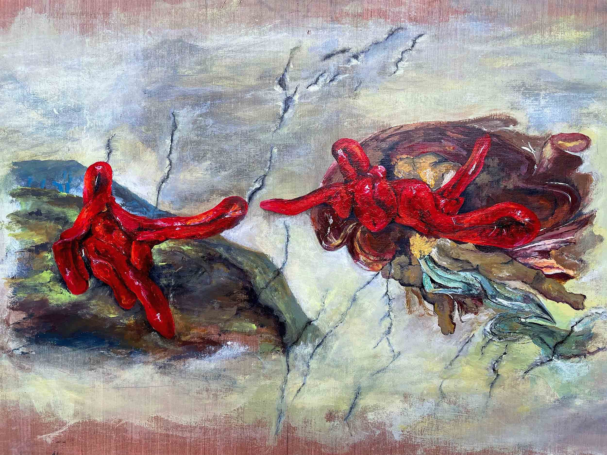 Painting of red figures in traditional renaissance painting. 