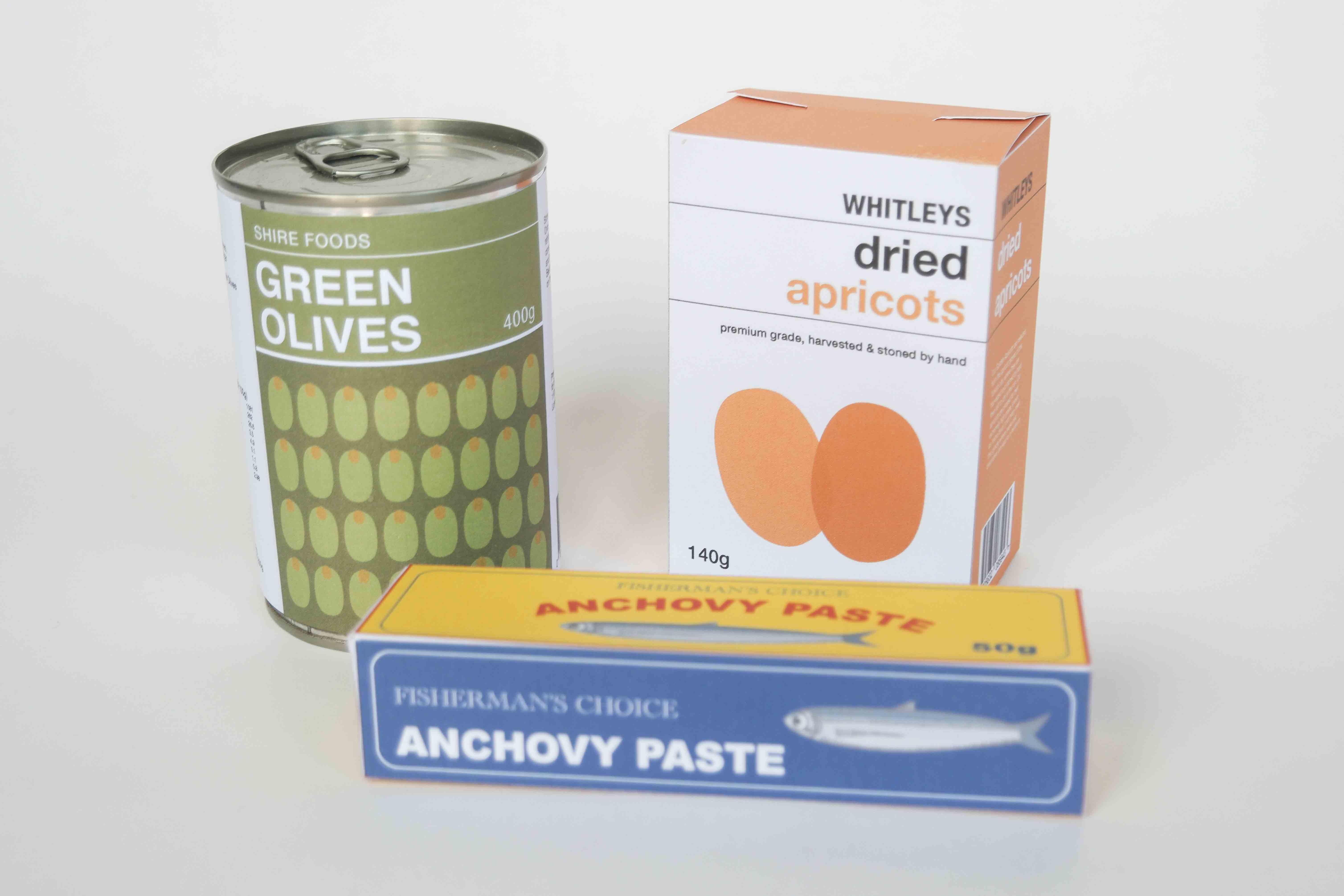 1970s inspired food packaging for a Tin of Olives, Dried Apricots and Anchovy Paste
