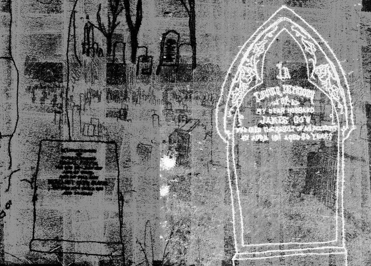 Black and white digital collage of monoprints depicting several gravestones.