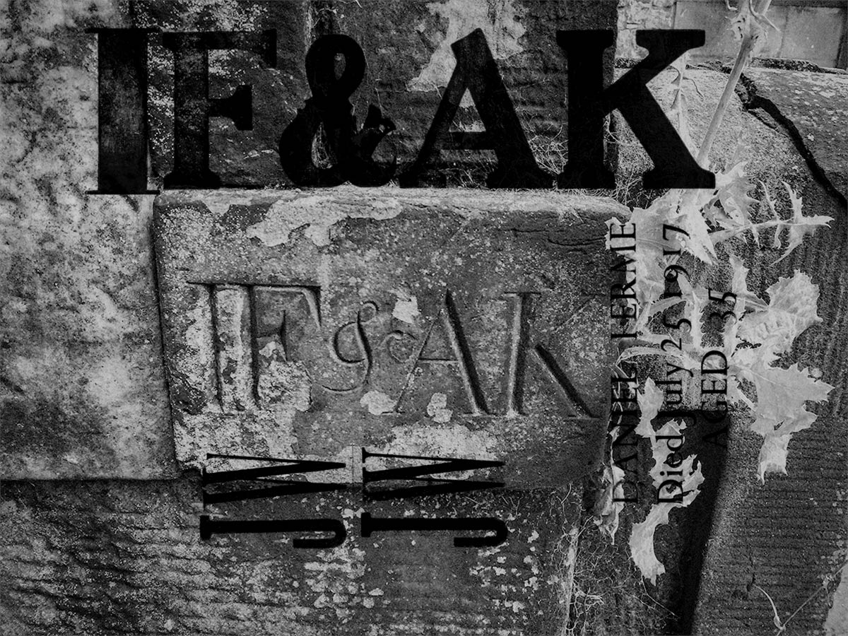 Black and white digital collage of IF&AK brick photograph and letterpress letters.