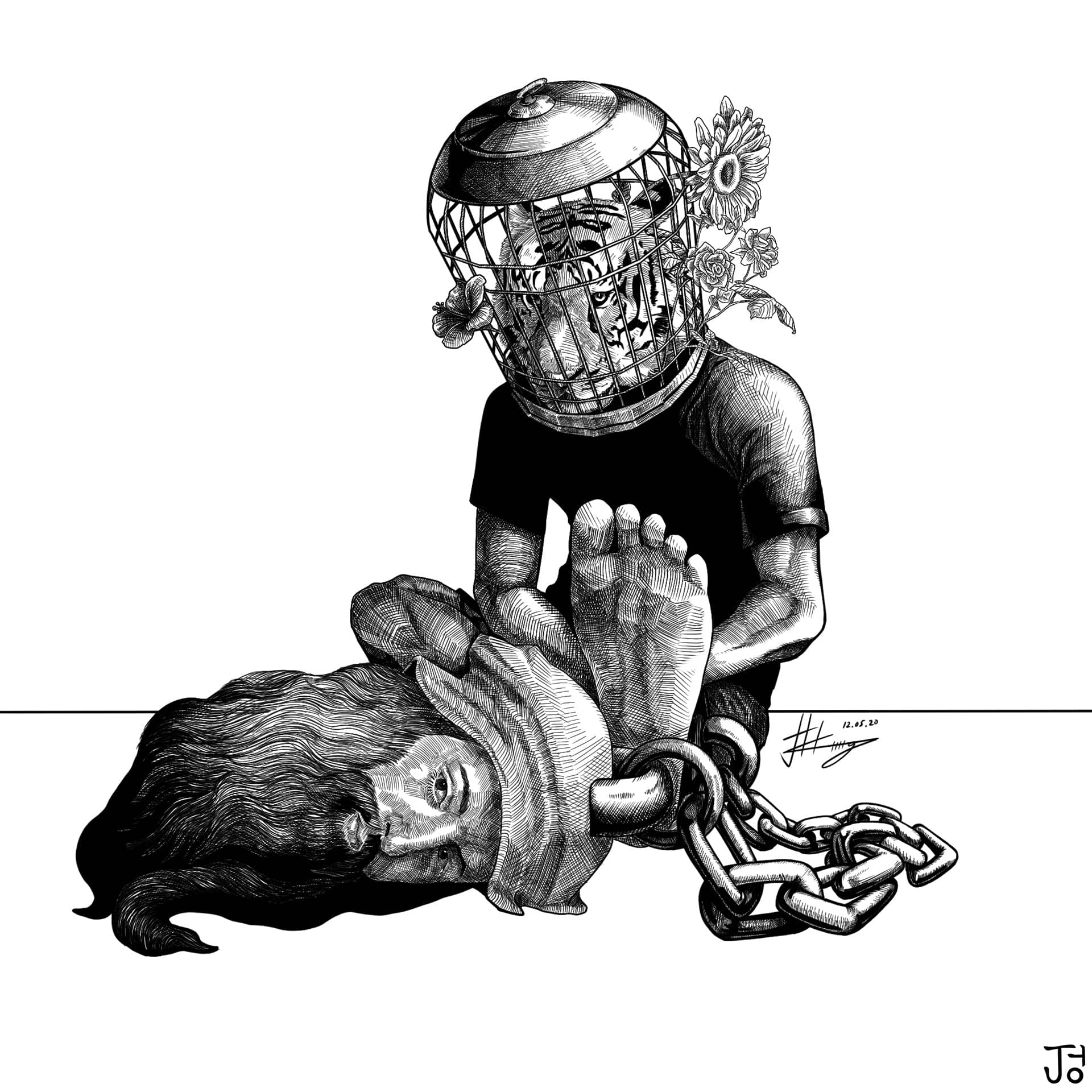 A man with a head of a tiger is locked up and chained down. The lock of his feet is tied to Leonardo Da Vinci's head. 