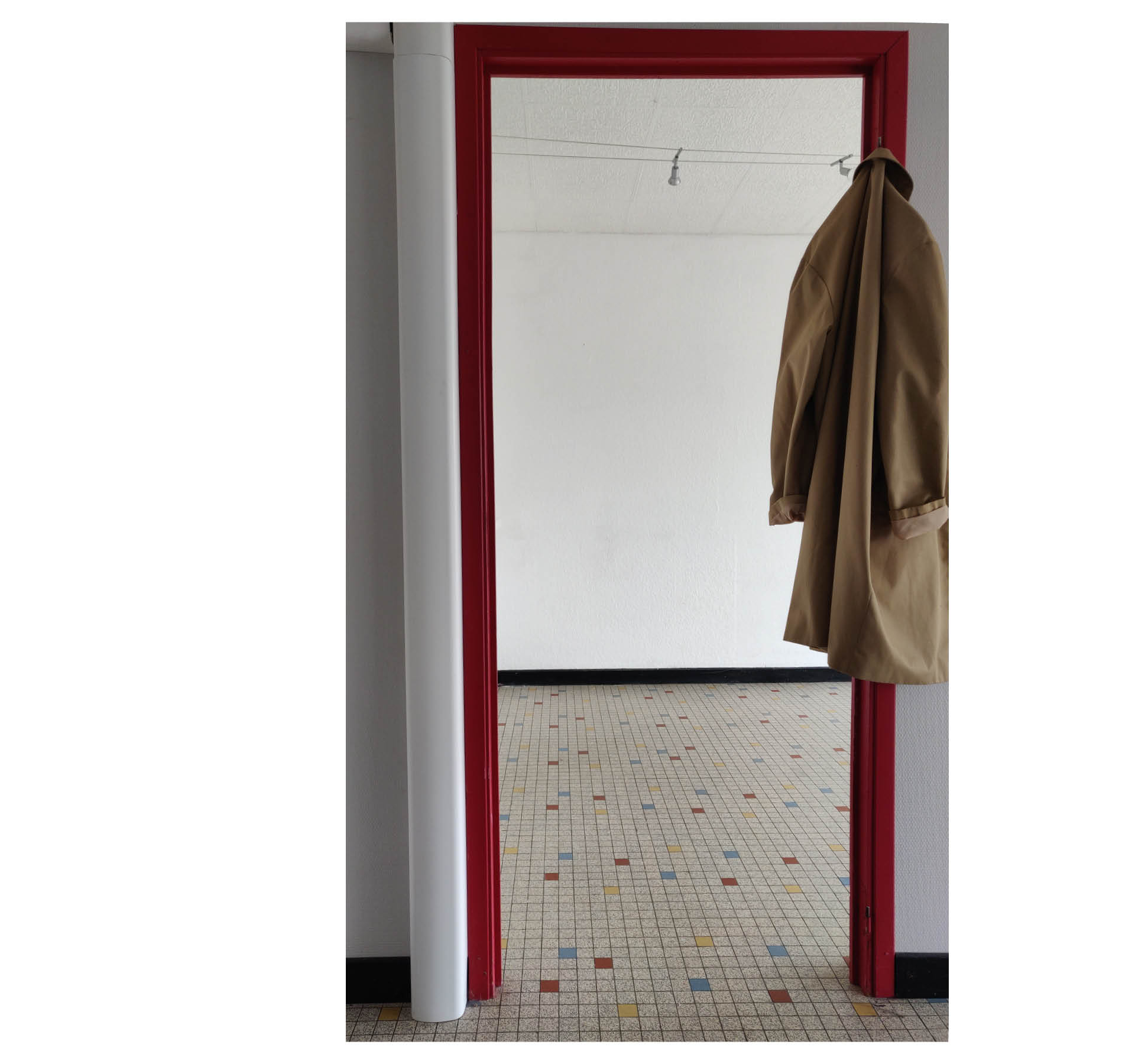 47 route de Colmar. Stills of a performed installation. France, February 2021. Trench coat, lilac fabric, cut wiaitnig roomchairs