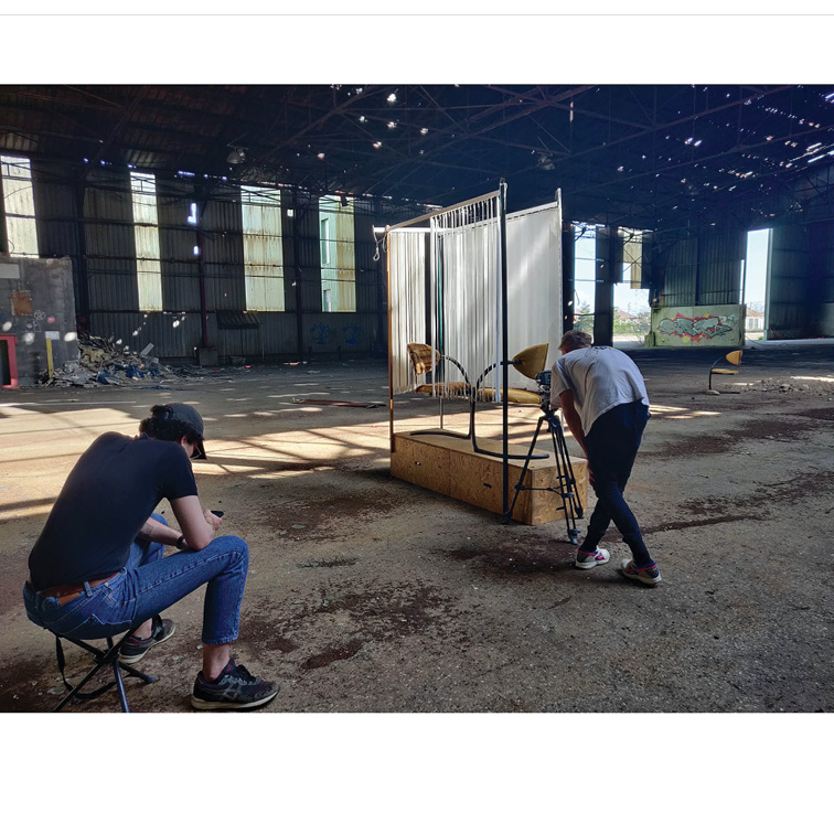 L'usine MF. Behind the scenes, France, April 2021. Egg yolk, waiting room chair cut in half, fur.