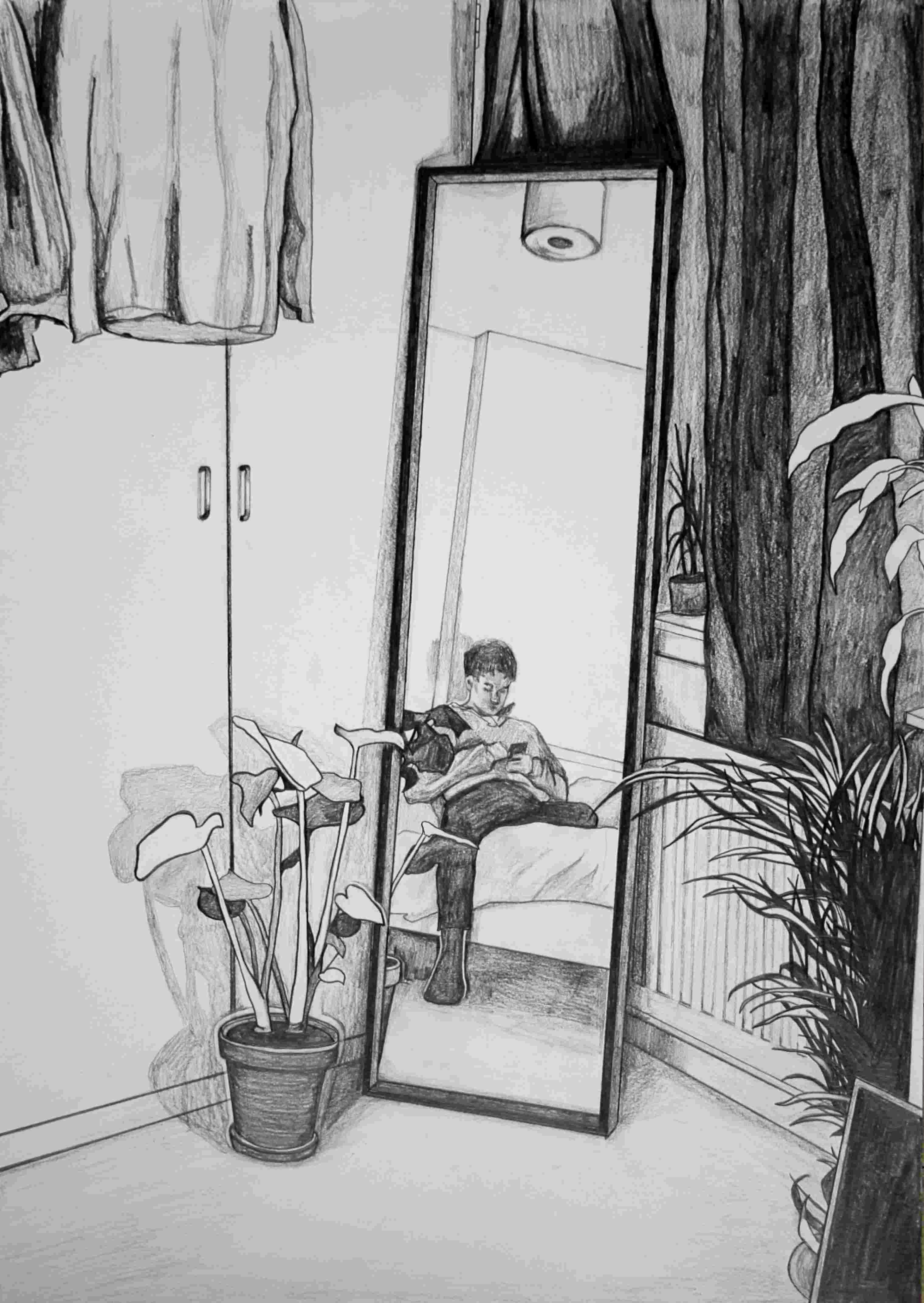 A pencil drawing of a room with plants and a figure reflected in a mirror.