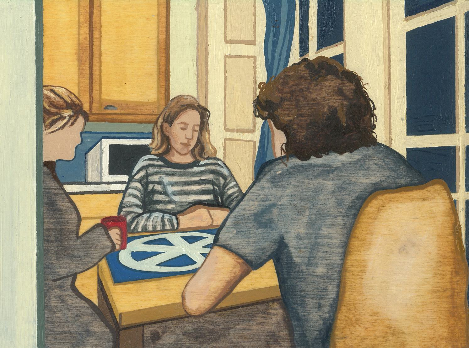 Painting of three figures playing Trivial Pursuit.