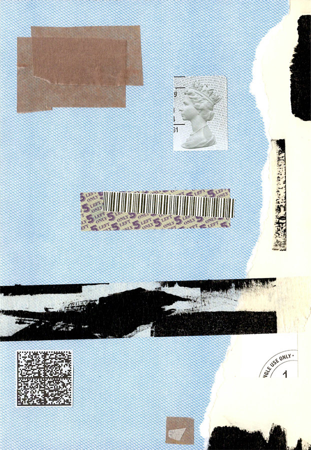 A mixed media collage themed around postage materials.
