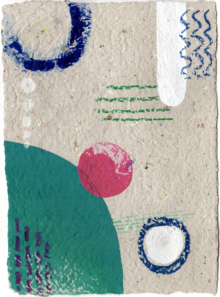 An abstract experiment in composition and colour in acrylic, pencil and pastel, on homemade paper.