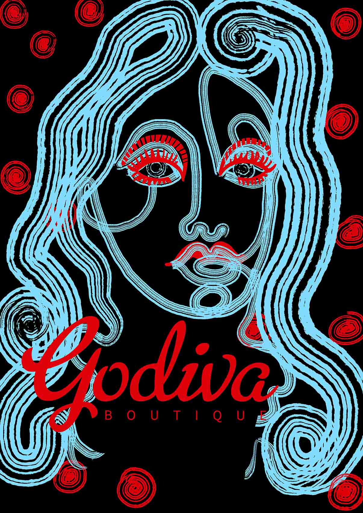Editorial Illustration for Godiva Vintage. A blue line drawing of a woman face with a black background. Red letters spell out 'Godiva Vintage' beneath