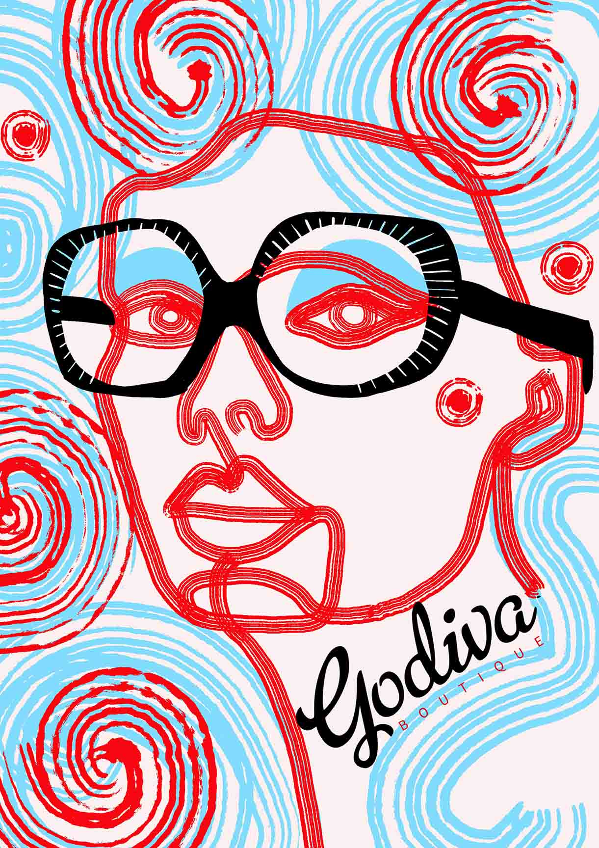 Editorial Illustration for Godiva Vintage. A black line drawing of a woman face with a white background. She is wearing large glasses with blue and red swirls around her face. Black letters spell out 'Godiva Vintage' at the right bottom corner