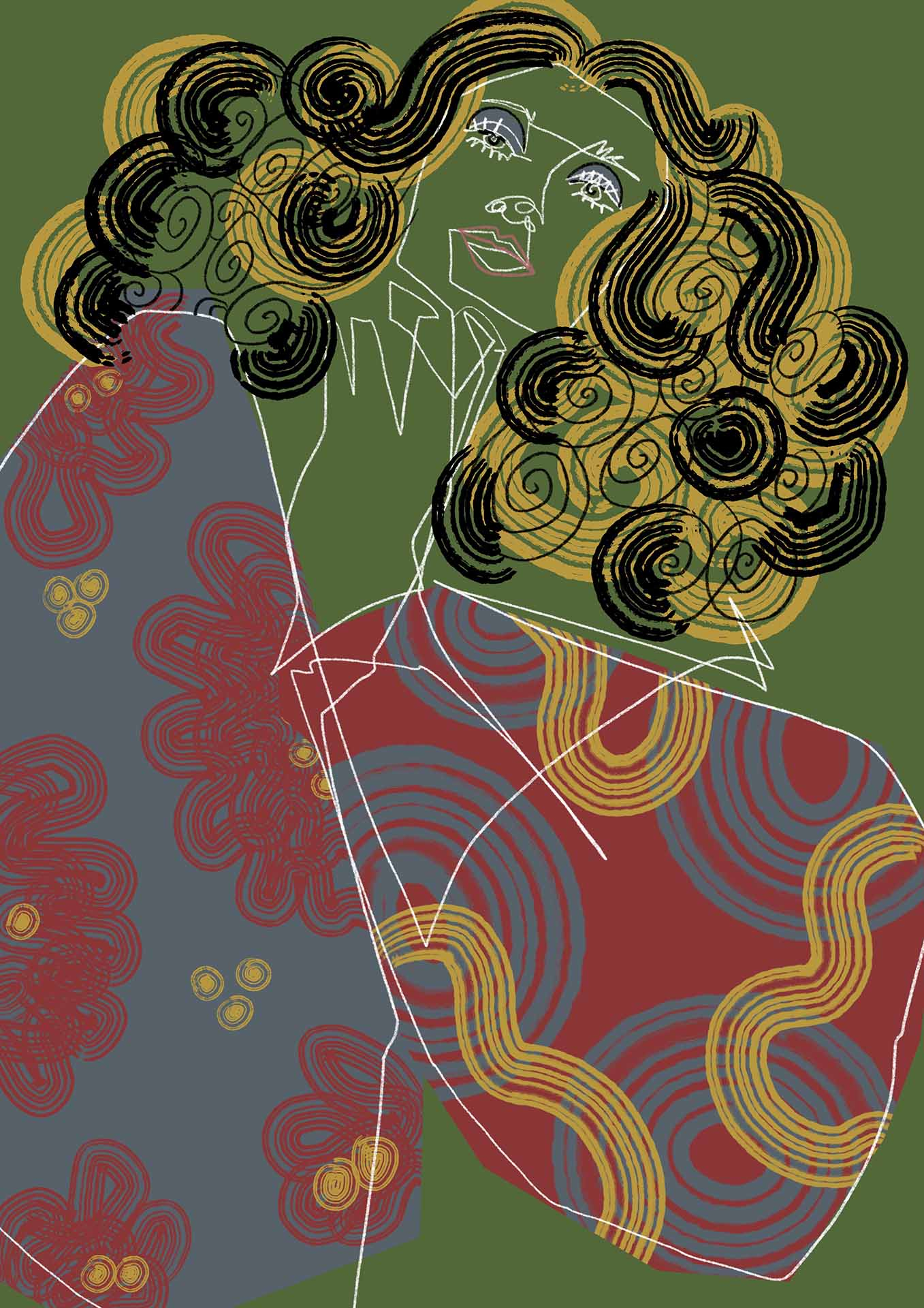 editorial Illustration for Godiva Vintage. A woman dressed in 1970's clothing with her head resting on her hand.