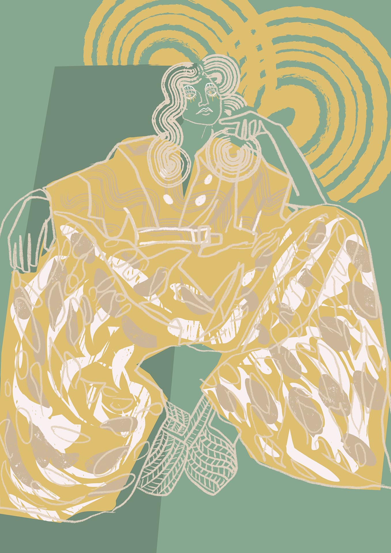 editorial Illustration for Godiva Vintage. A woman seated with flowing trousers, her elbow resting on her knee, leaning her chin on her hand.