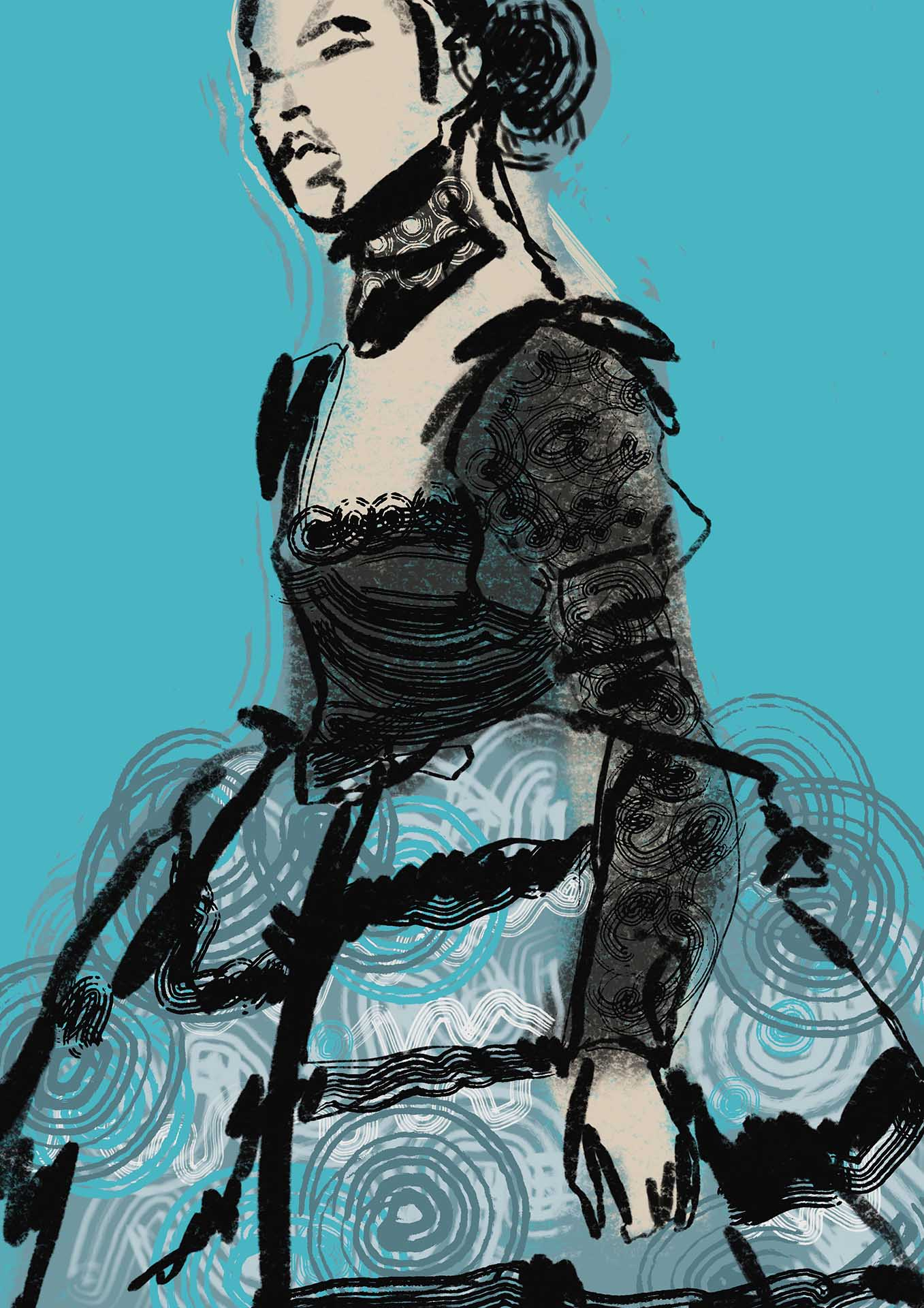 Fashion Illustration, Gucci Autumn Winter 2020. Woman wearing a black bodice and choker with tule skirt in pale blue
