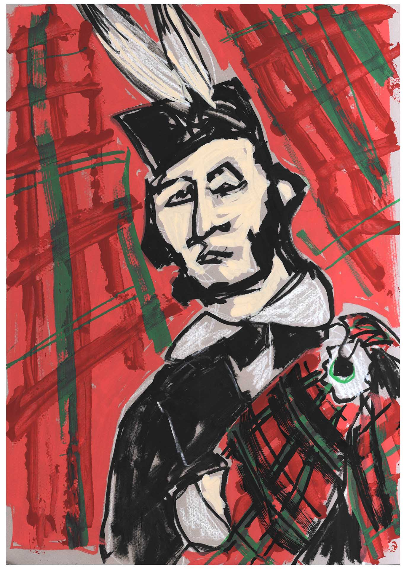 Illustration of a man wearing Highland dress with a tartan background