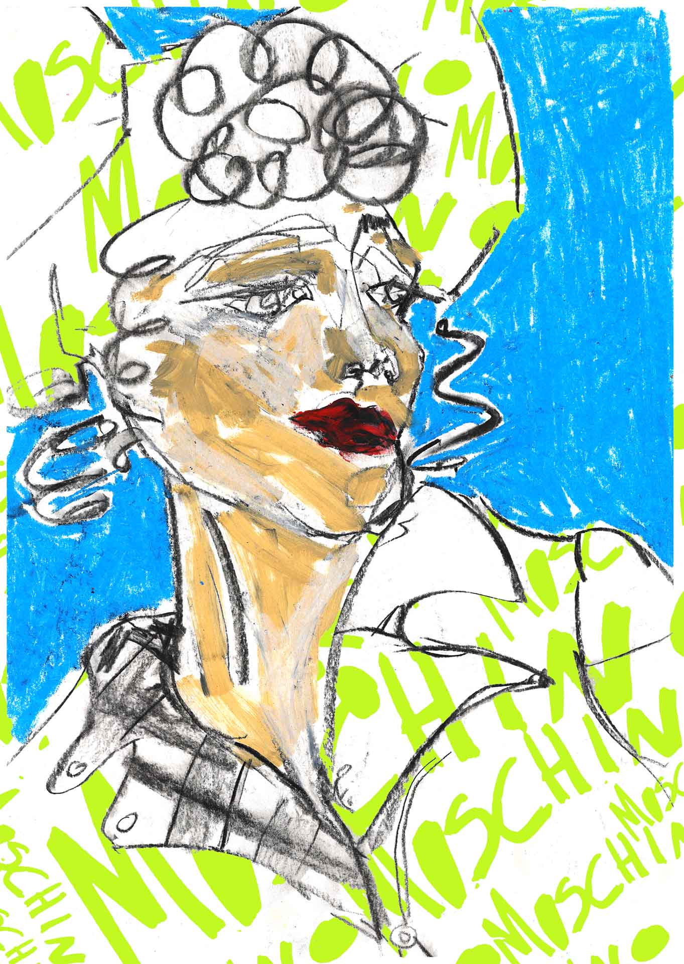 Fashion Illustration, Moschino 'Jungle Red' Autumn Winter 2021, Woman wearing suit and matching hair bow with 'Moschino' repeated all over
