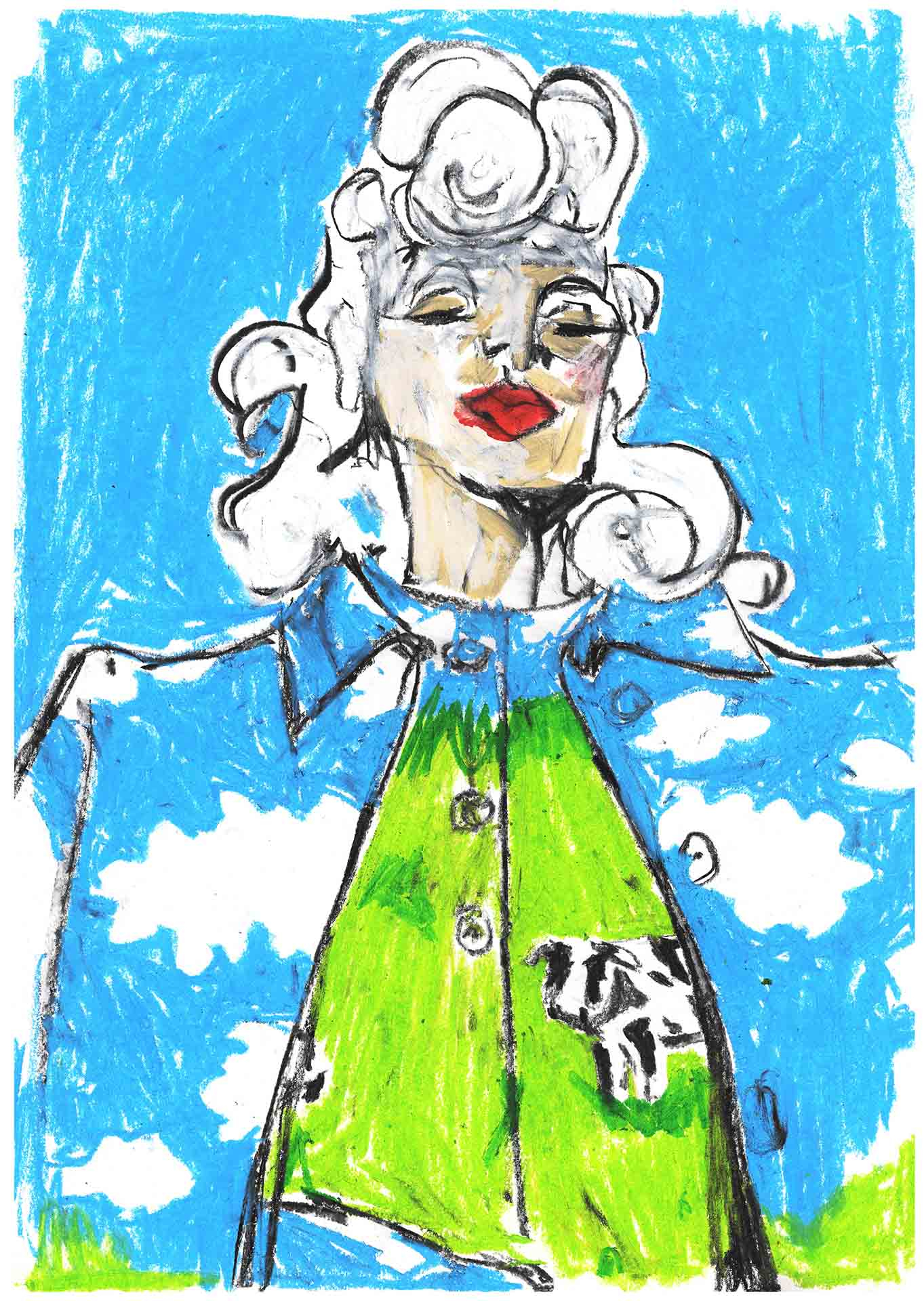 Fashion Illustration, Moschino 'Jungle Red' Autumn Winter 2021, Woman wearing suit with clouds and cows on it.