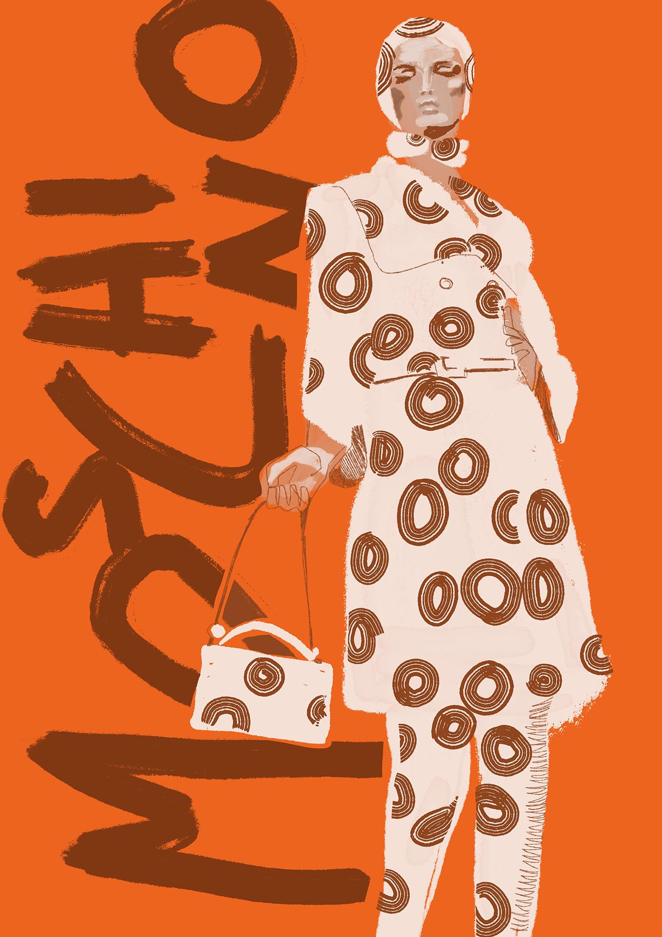 fashion Illustration, Moschino 'Jungle Red' Autumn Winter 2021, Woman wearing white trench coat with brown swirls with matching bag, thigh high boots and balaclava.